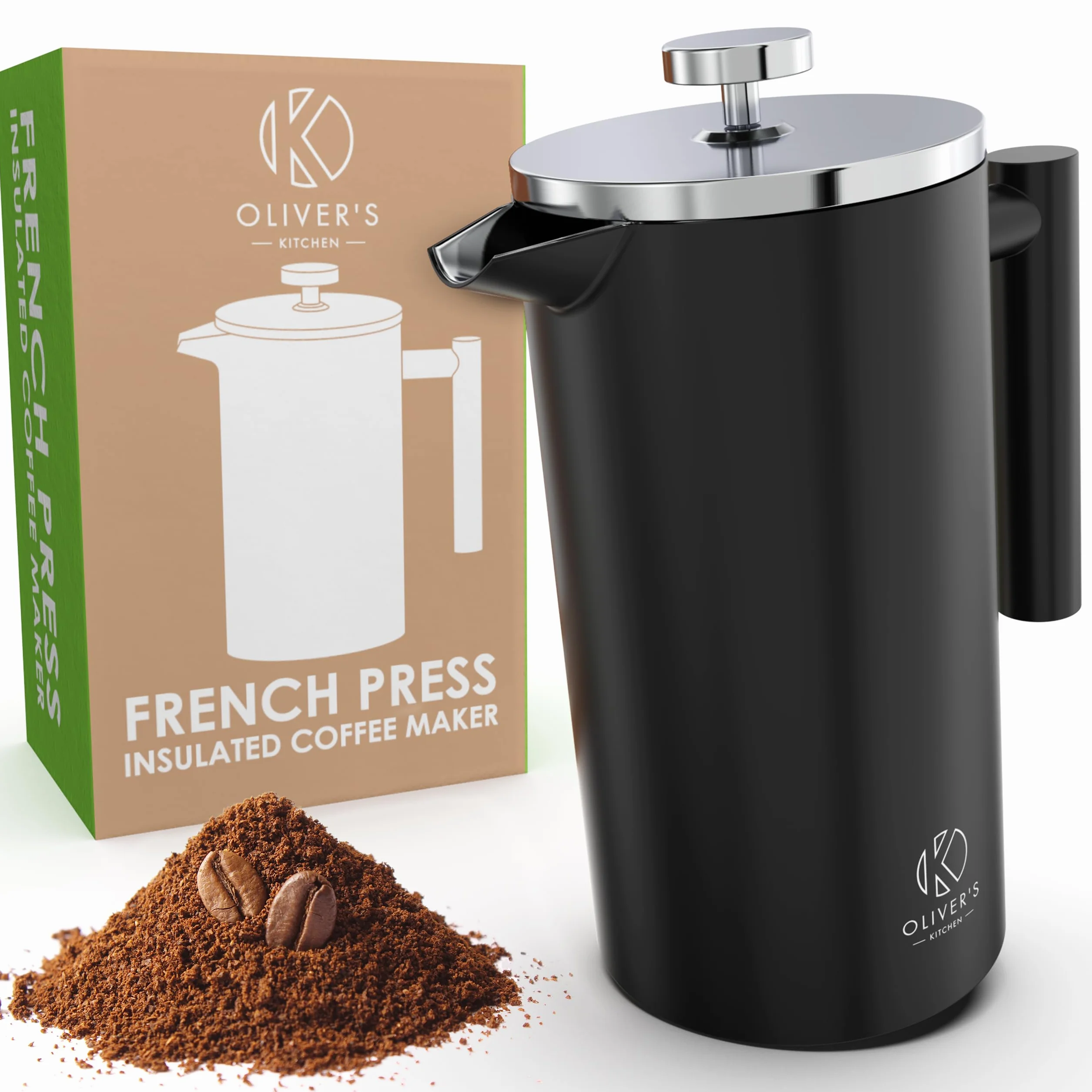 Oliver's Kitchen® French Press 1 litr - Zaparzacz do Kawy Tłokowy z Podwójną Izolacją Termiczną