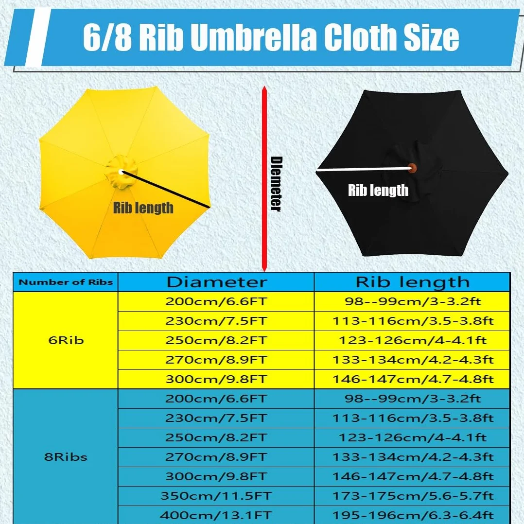 Zapasowy baldachim parasola tarasowego z 6/8 żeberkami, pogrubiony pokrowiec na 2 m, 3 m, 4 m, ochrona przed promieniowaniem UV, trwały, zewnętrzny baldachim