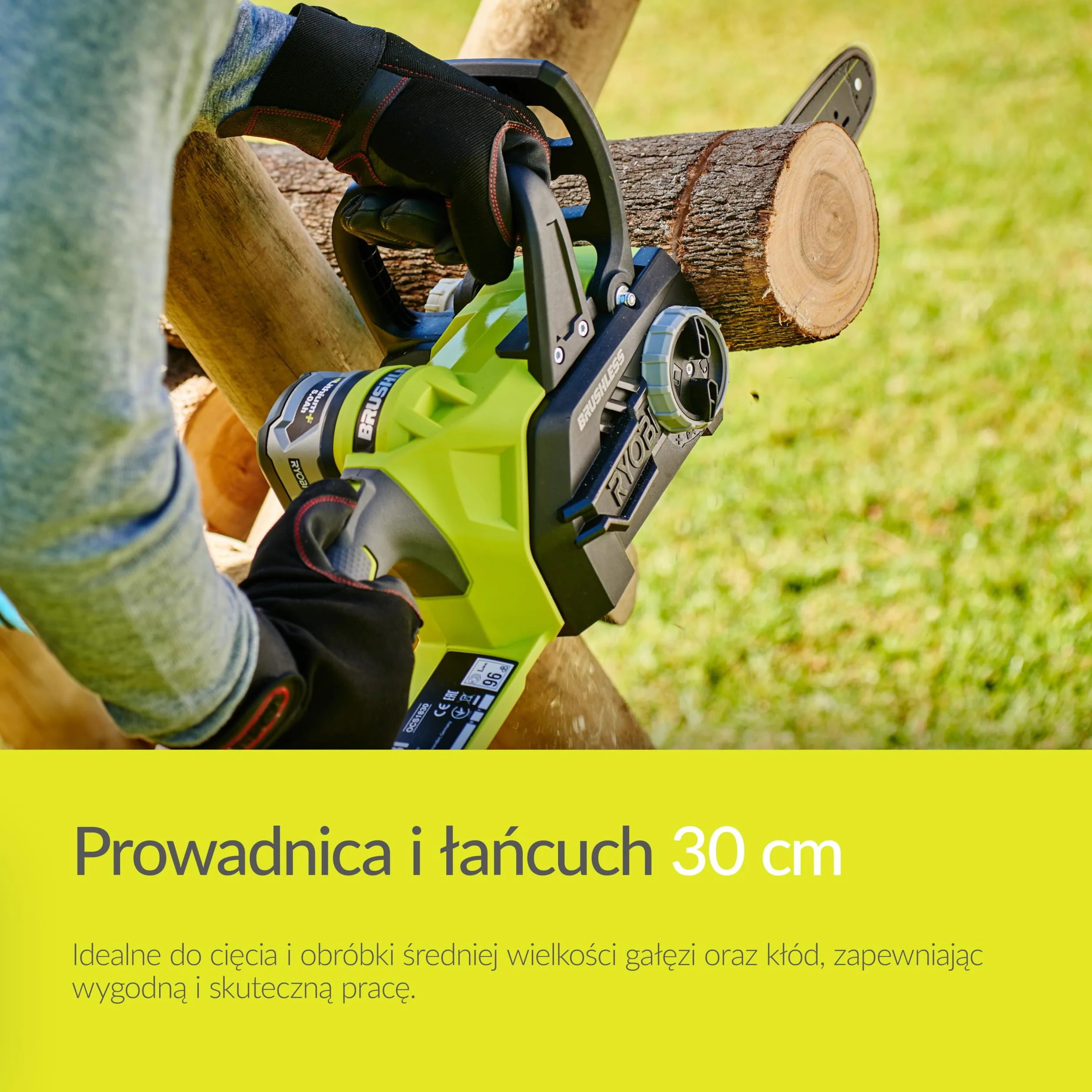 Ryobi Pilarka Łańcuchowa 18 V, OCS1830, Silnik Bezszczotkowy, Długość Prowadnicy 30 cm, Prędkość Przesuwu Łańcucha 10 m/s, Prowadnica oraz Łańcuch Marki Oregon, Automatyczne Smarowanie