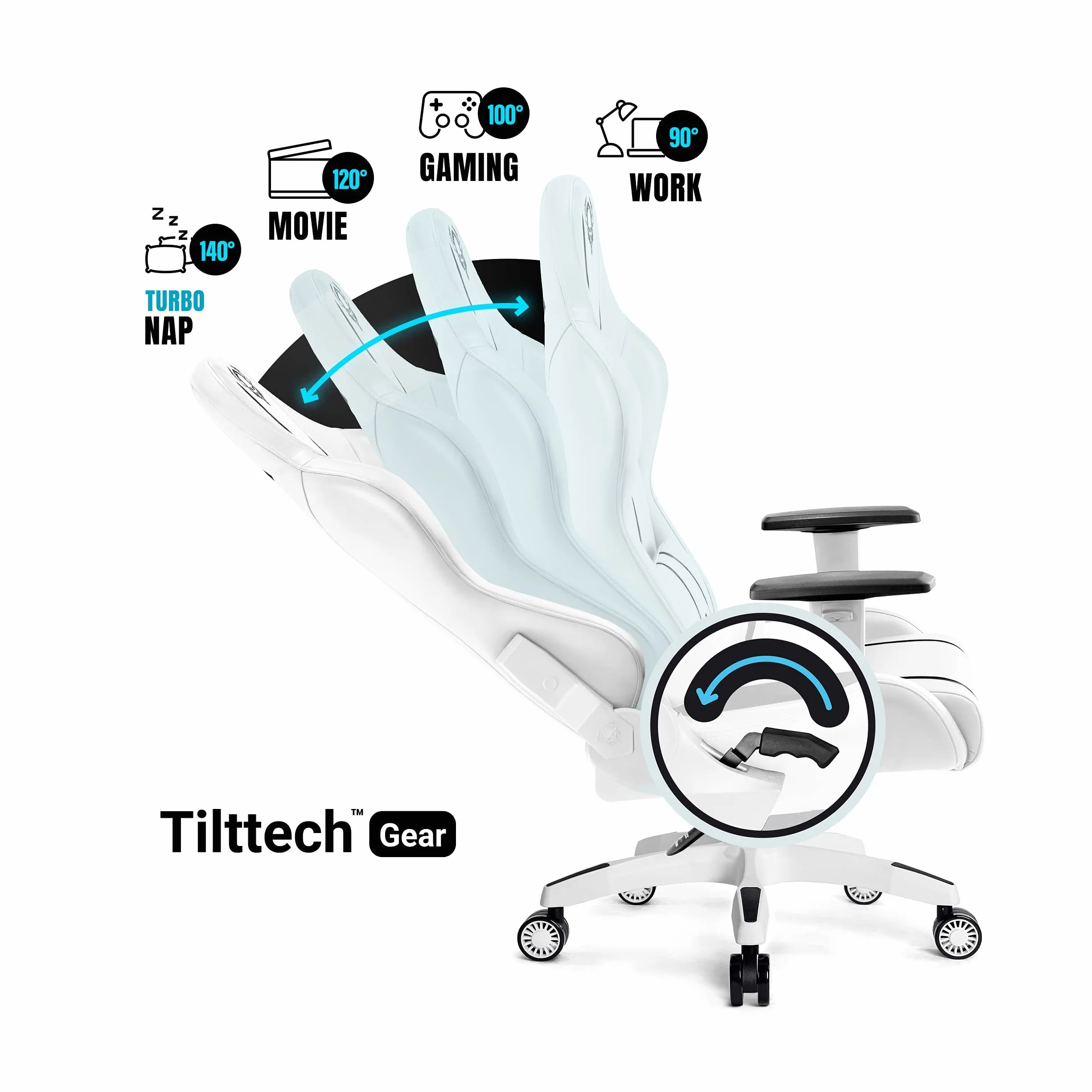 Diablo X-One 2.0 Fotel Gamingowy Krzesło Biurowe Dla Gracza Obrotowy Regulowane Podłokietniki Ekoskóra Ergonomiczny Design Funkcja Bujania Poduszka Pod Kark i Lędźwie (Biało-czarny, Normal)