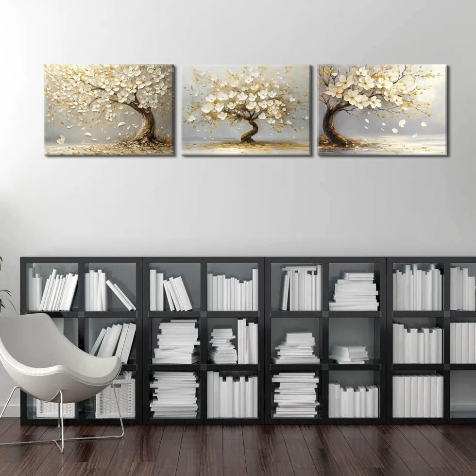 Piy Painting Obraz ścienny na płótnie, stare drzewa, obraz dekoracyjny, biały kwiat, plakat artystyczny, łatwy do zawieszenia do sypialni, salonu, kawiarni, studia jogi, 3 panele 58 x 40 cm/174 x 40