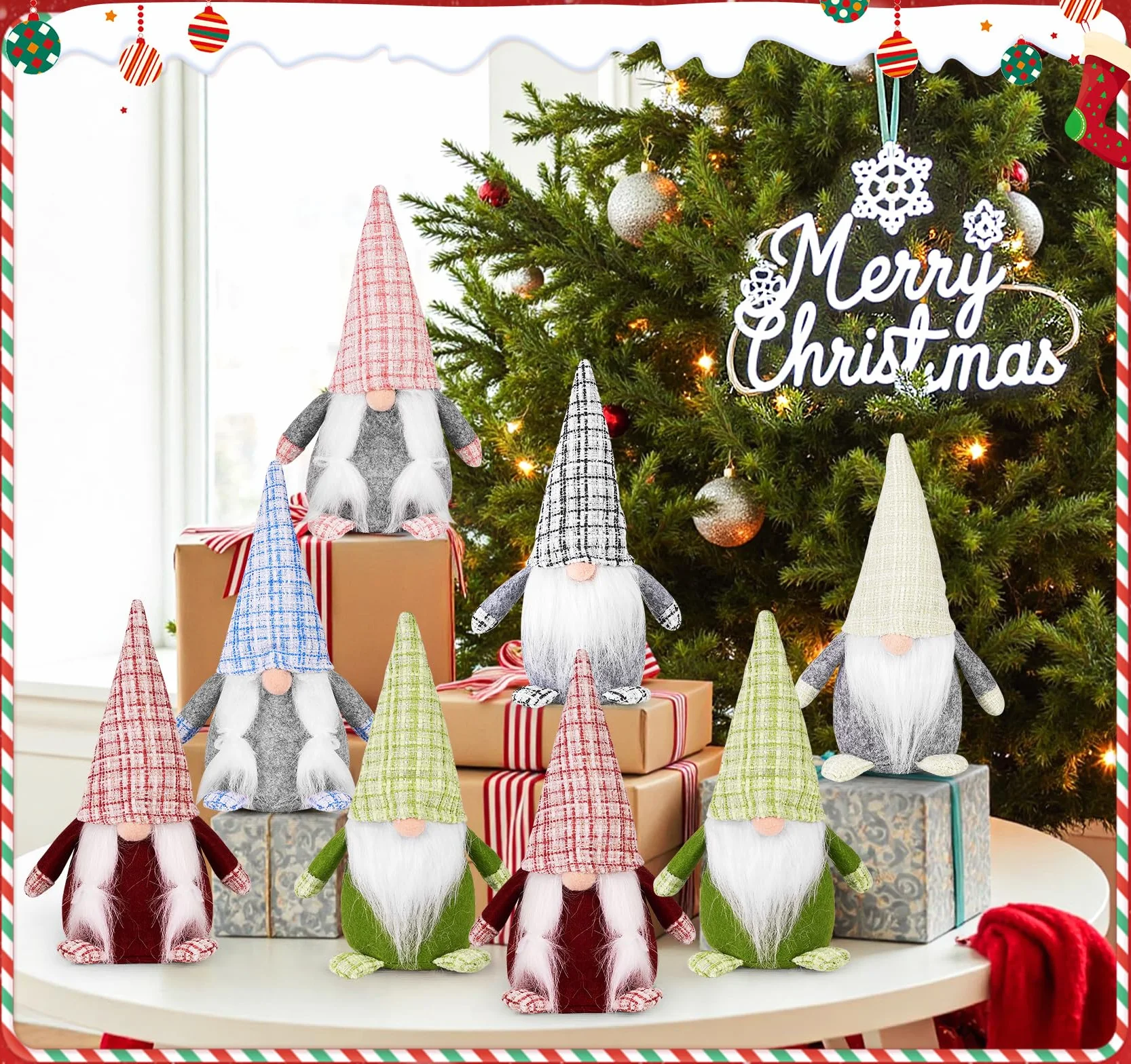 Anstore Gnomy bożonarodzeniowe, 8 szt. tweedowych gonków, 20 cm, świąteczna figurka Świętego Mikołaja, grota, dekoracje gnomów, ręcznie robione figurki gonków, zimowy stół, kominek, ozdoba, moda