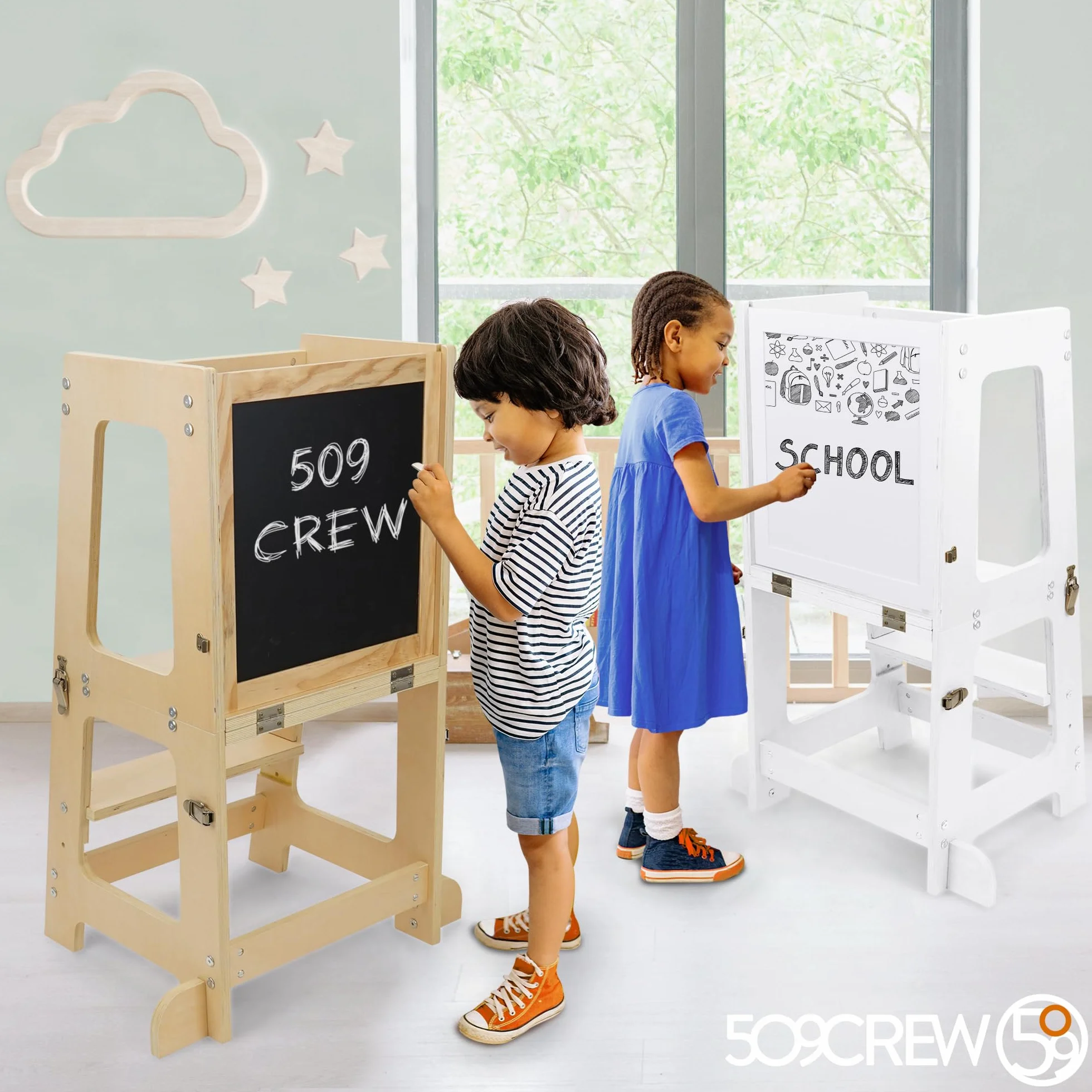 509 Crew Prema 3 w 1 wieża edukacyjna, pomocnik kuchenny dla dzieci, taboret do pedałowania, zestaw krzeseł edukacyjnych dla dzieci, kolor naturalny