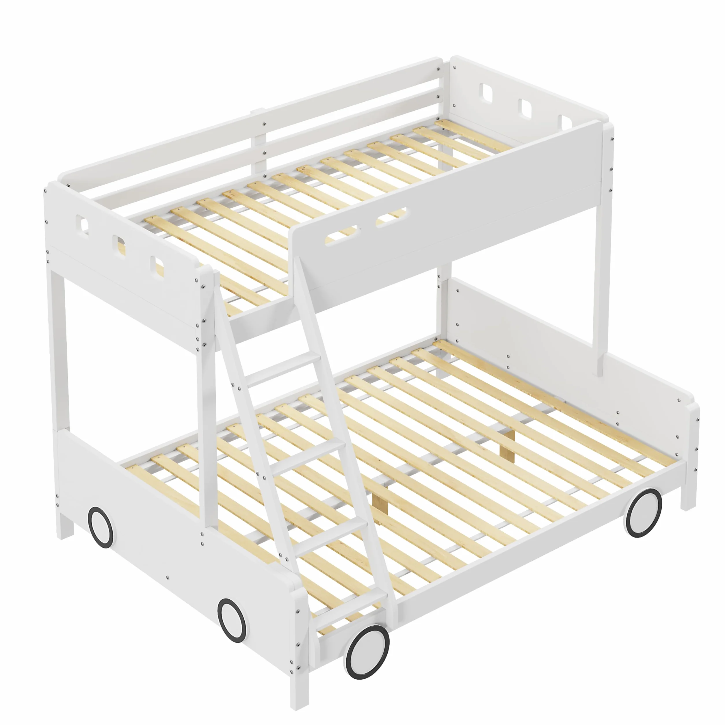 Dziecięce łóżko piętrowe w kształcie samochodu z litego drewna – u góry 90 x 200 cm, na dole 140 x 200 cm – łóżko rodzinne dla rodzeństwa – kratka bezpieczeństwa, kolor biały – obciążenie do 140 kg