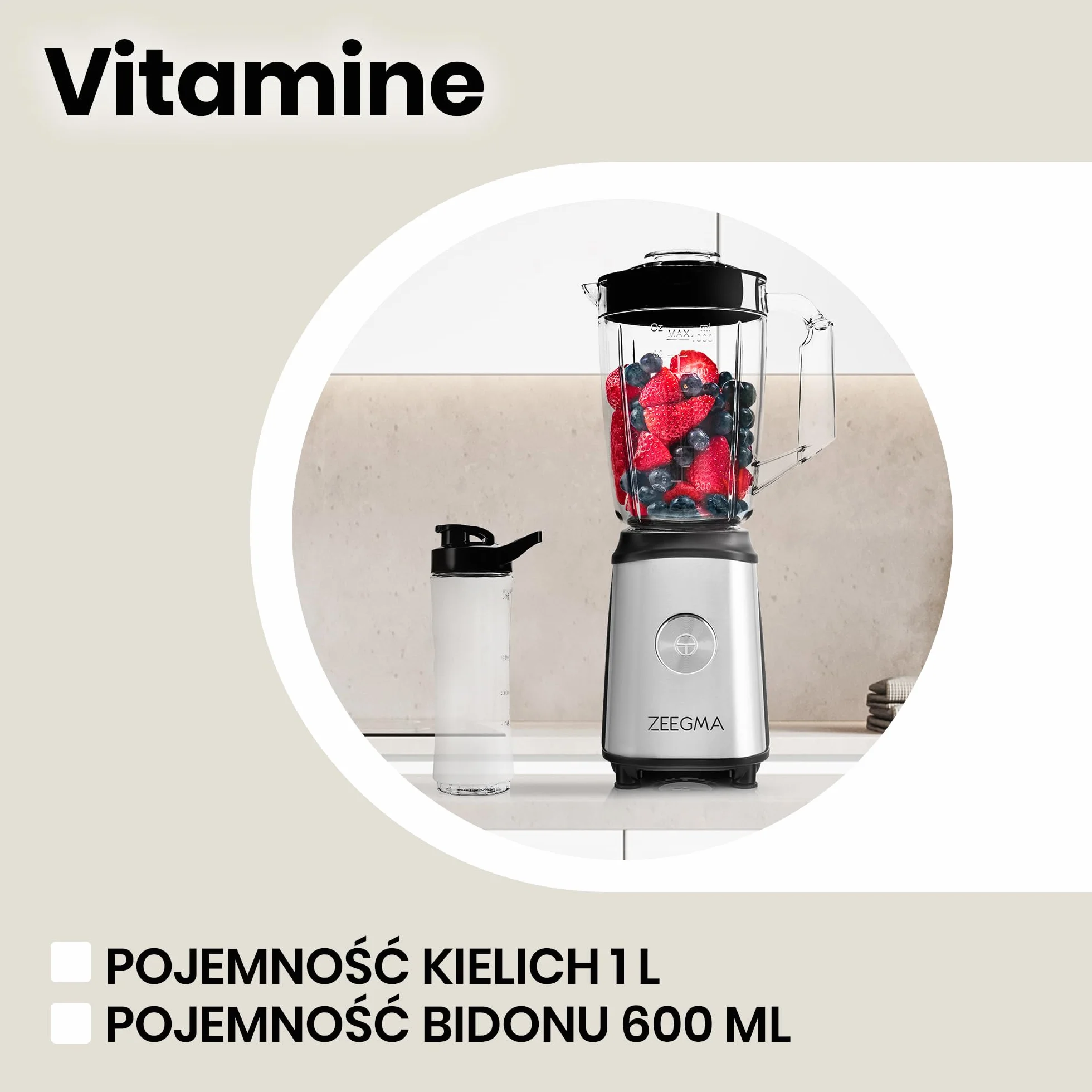 ZEEGMA Vitamine blender 4w1, mikser, młynek do kawy, silnik 1050W, dewa zestawy noży, duży kielich 1l, 2 bidony 600ml, metalowa obudowa, system ThermoFuse, tryb pulsacyjny, BPA free