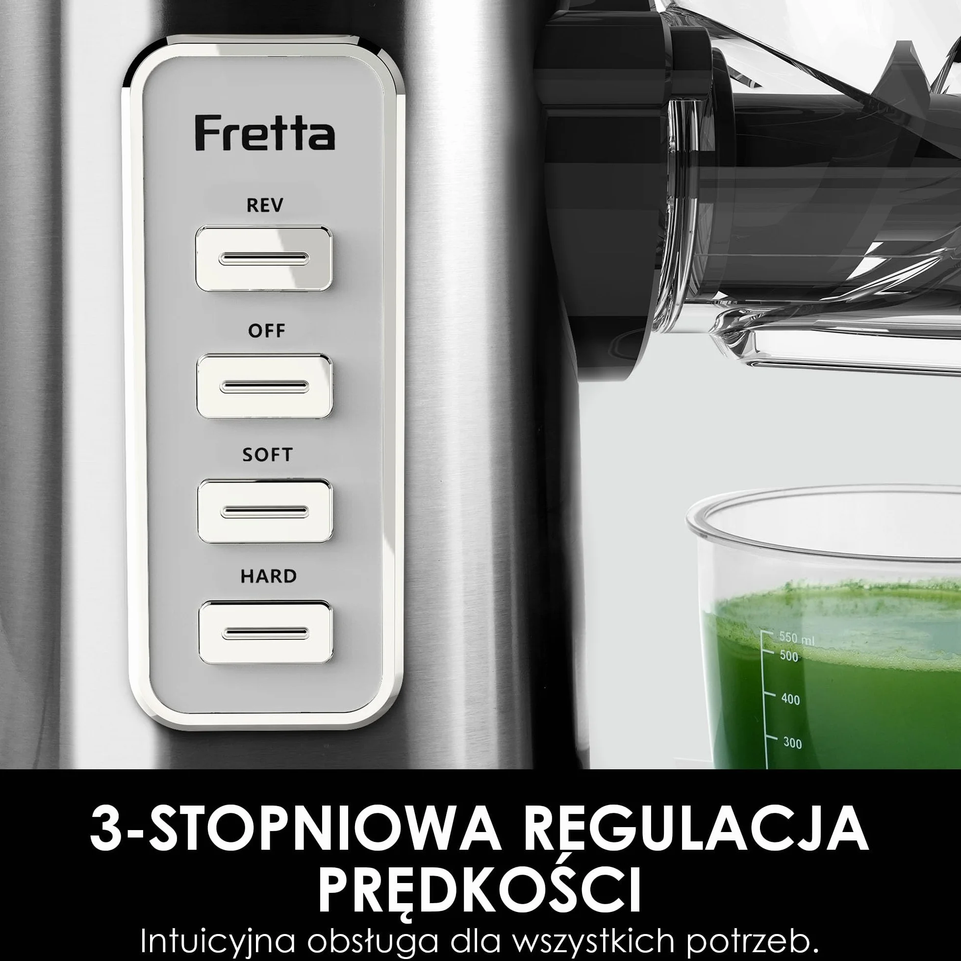 Fretta Wyciskarka Wolnoobrotowa Cold Press Stal Nierdzewna 200W Szeroki Otwór 76mm Bez BPA