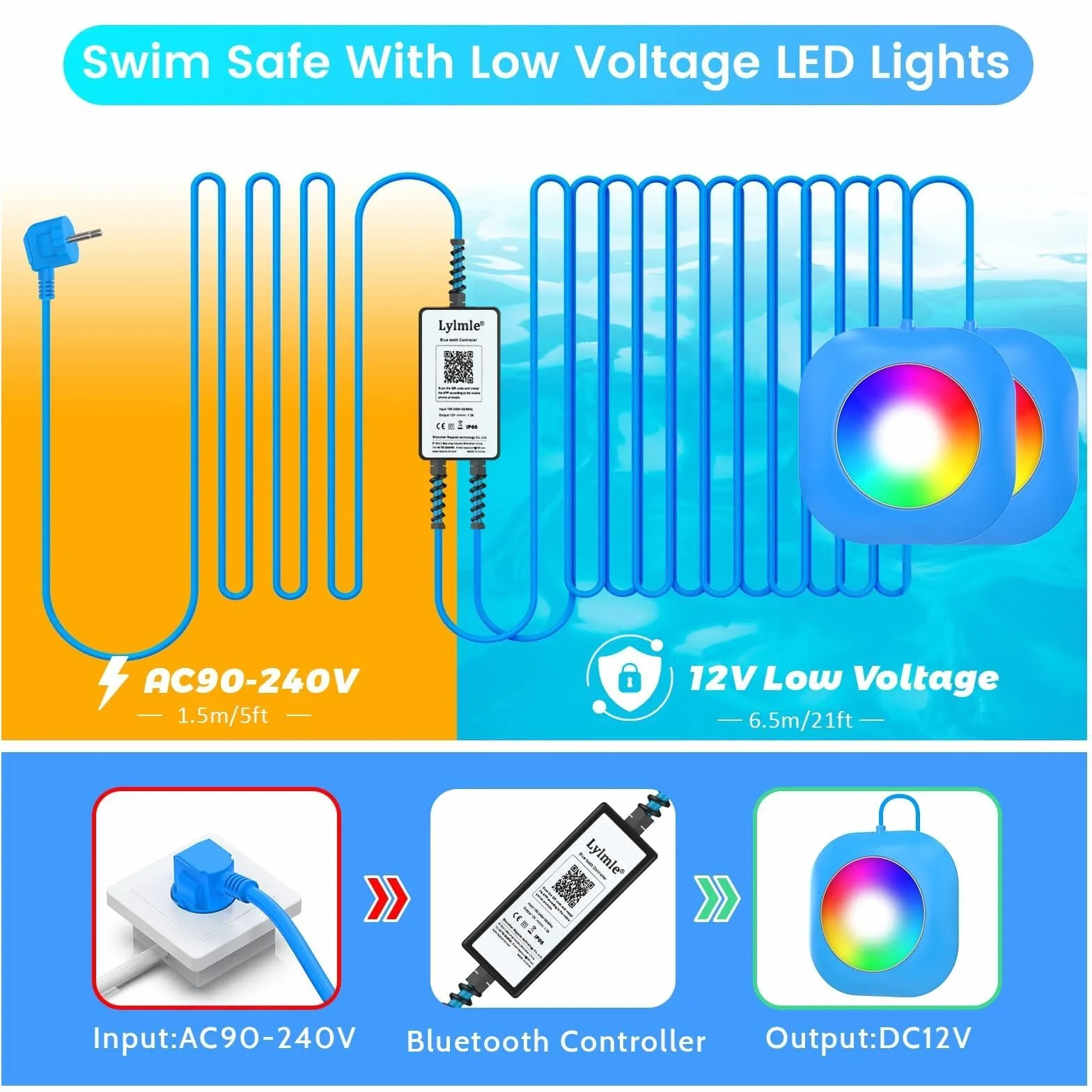 LyLmLe Bezprzewodowe oświetlenie basenowe LED 40 W, 12 V, podwójne światła zatapialne, możliwość ściemniania, timer wodoszczelności IP68, magnetyczna lampa basenowa z kablem 8 m do basenu nad ziemią
