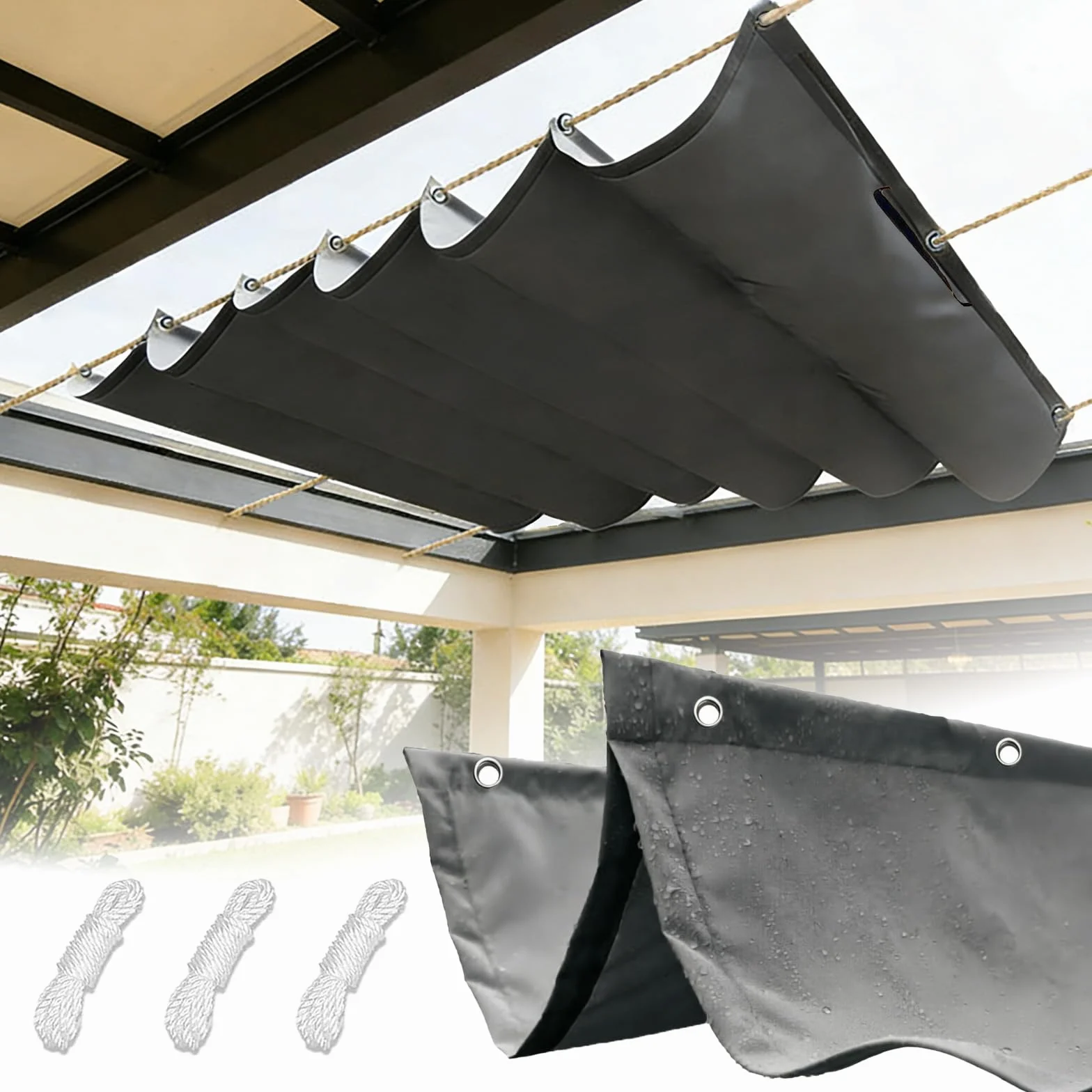 Rozwijany żagiel przeciwsłoneczny Wave z oczkami i liną, wodoodporny, prostokątny, z filtrem UV, odporny na rozdarcia, do użytku na zewnątrz-DarkGrey||250x300cm(98x118in)