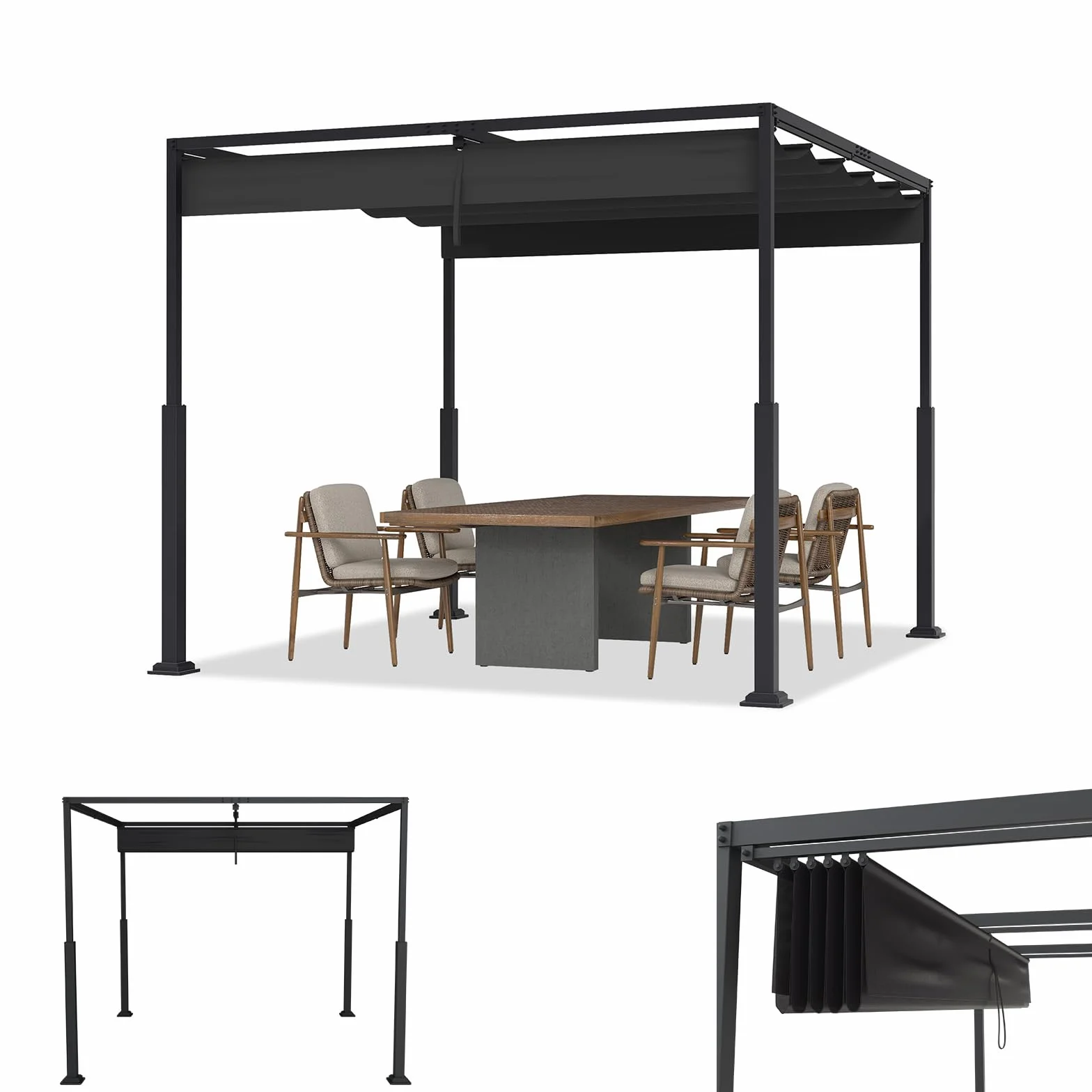 ACXIN Pergola z przesuwnym dachem, zadaszenie tarasu ze stalowej ramy, wodoodporny poliester powlekany PA 160 g, wolnostojący pawilon ogrodowy z regulowaną ochroną przed słońcem (czarna, 3 x 3 m)