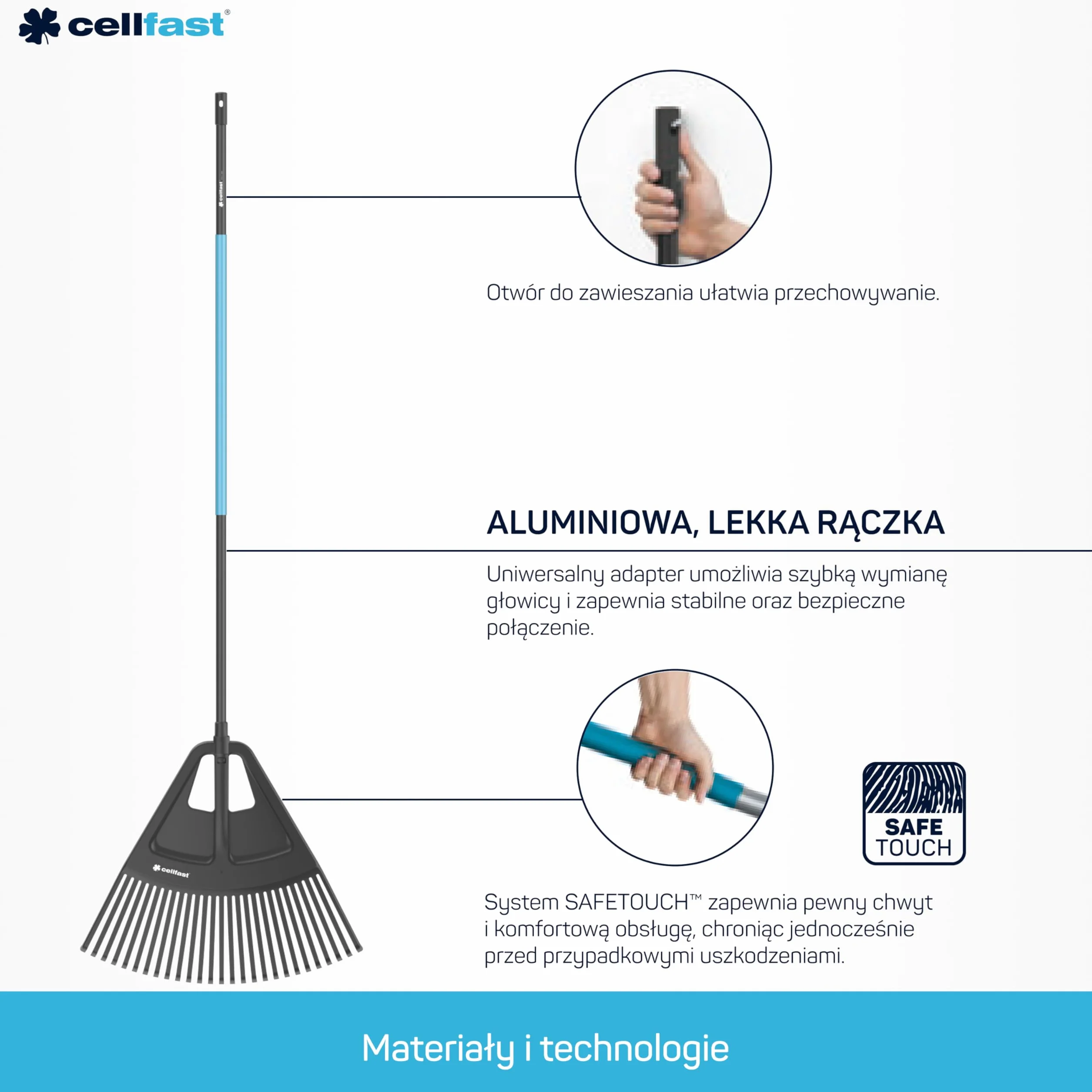 Cellfast Grabie Wachlarzowe do Liści i Trawnika - Wymienna Głowica 650 mm - Długi Trzonek - Antypoślizgowa Powłoka - Cellpro