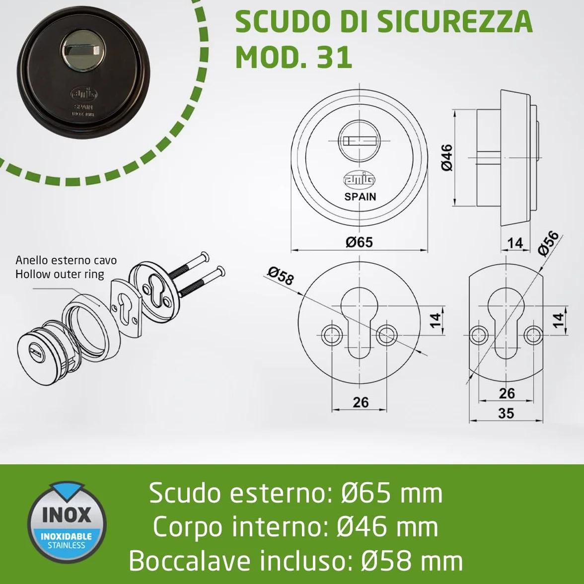 Amig - Rozeta ochronna model 31, stal, wzmocniony korpus ze spiekanej stali, odporny na wiercenie, czarny, do drzwi o grubości co najmniej 40 mm, otwór na klucz o średnicy 65 mm