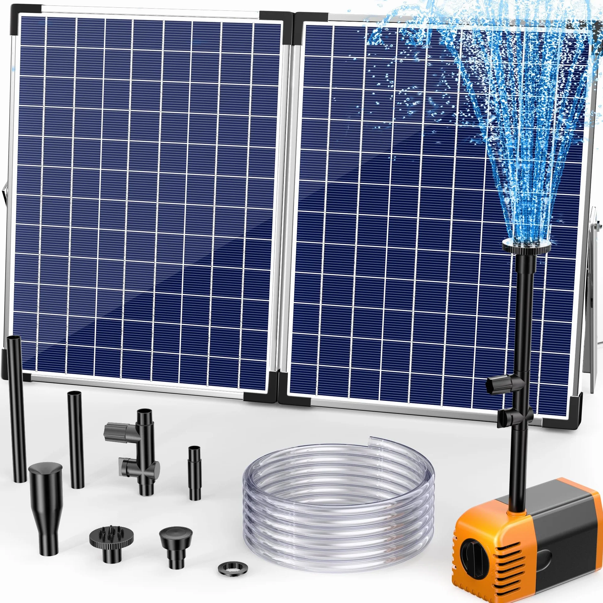 Biling Solarna pompa do oczka wodnego 35 W, 1500 l/h, cicha pompa solarna z 4 dyszami, fontanna solarna z wężem do oczek wodnych do 1500 l, fontanna solarna "zrób to sam", poidło dla ptaków, fontanna