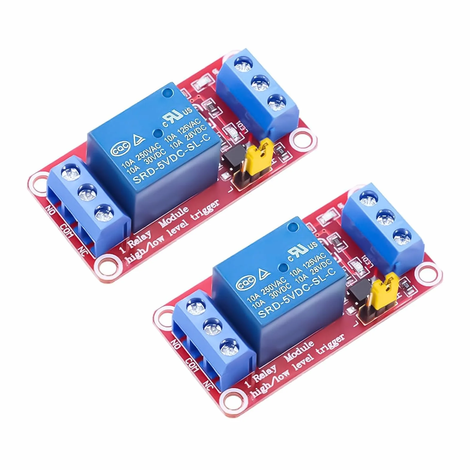 2 x moduł przekaźnikowy 5 V, 1 kanał, przekaźnik z transoptorem, izolowany z wysokim niskim poziomem, pojemność 10 A, 250 V AC lub 30 V DC, płyta wysokie/niskiego napięcia, kompatybilna z Arduino