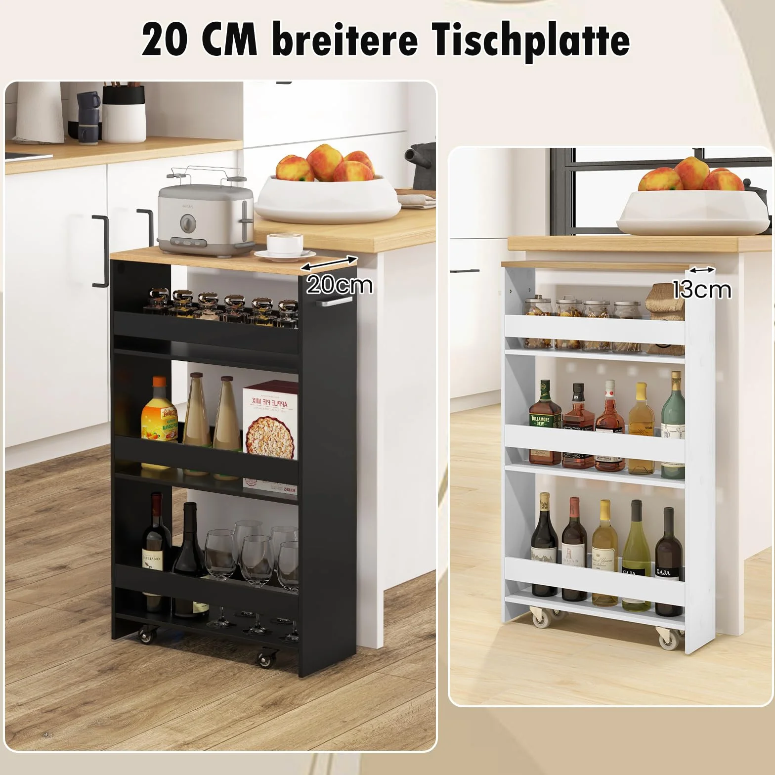 COSTWAY Wózek wnękowy o szerokości 20 cm, 4 poziomy, wózek kuchenny, wąski, regał wnękowy na kółkach, wózek do serwowania z uchwytem i poręczami, regał łazienkowy, do kuchni, łazienki, 47,5 x 20 x