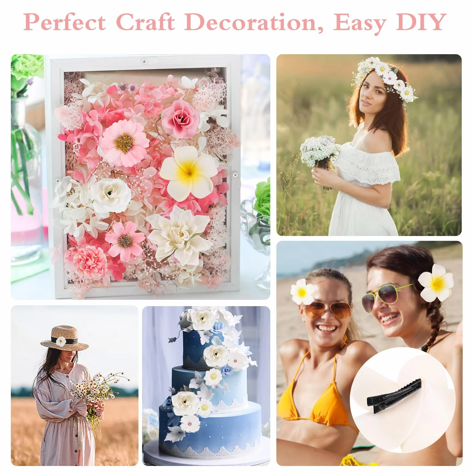 36 szt., sztuczne kwiaty, sztuczne dekoracje, różowo-białe, małe kwiaty z tkaniny, 2 pęsety do włosów, do samodzielnego wykonania, bukietu, scrapbookingu, ślubu, na imprezę, festiwal, rękodzieło