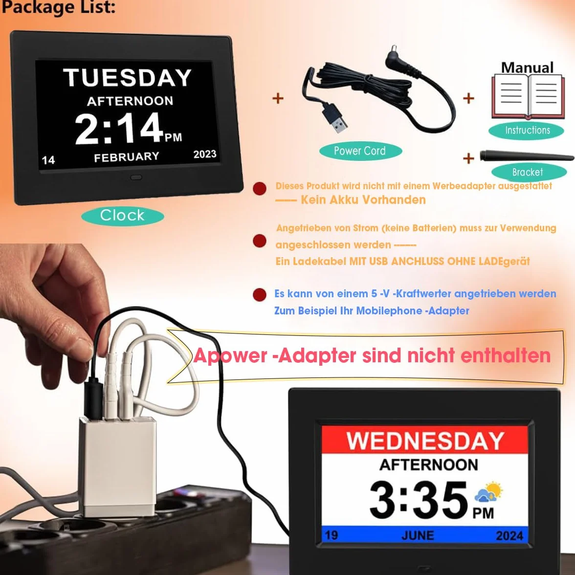Cyfrowy budzik 7-calowy z automatyczną regulacją jasności, cichy budzik z wyświetlaczem LCD z wilgotnością i temperaturą dla dorosłych i dzieci oraz osób z chorobą Alzheimera (biały)