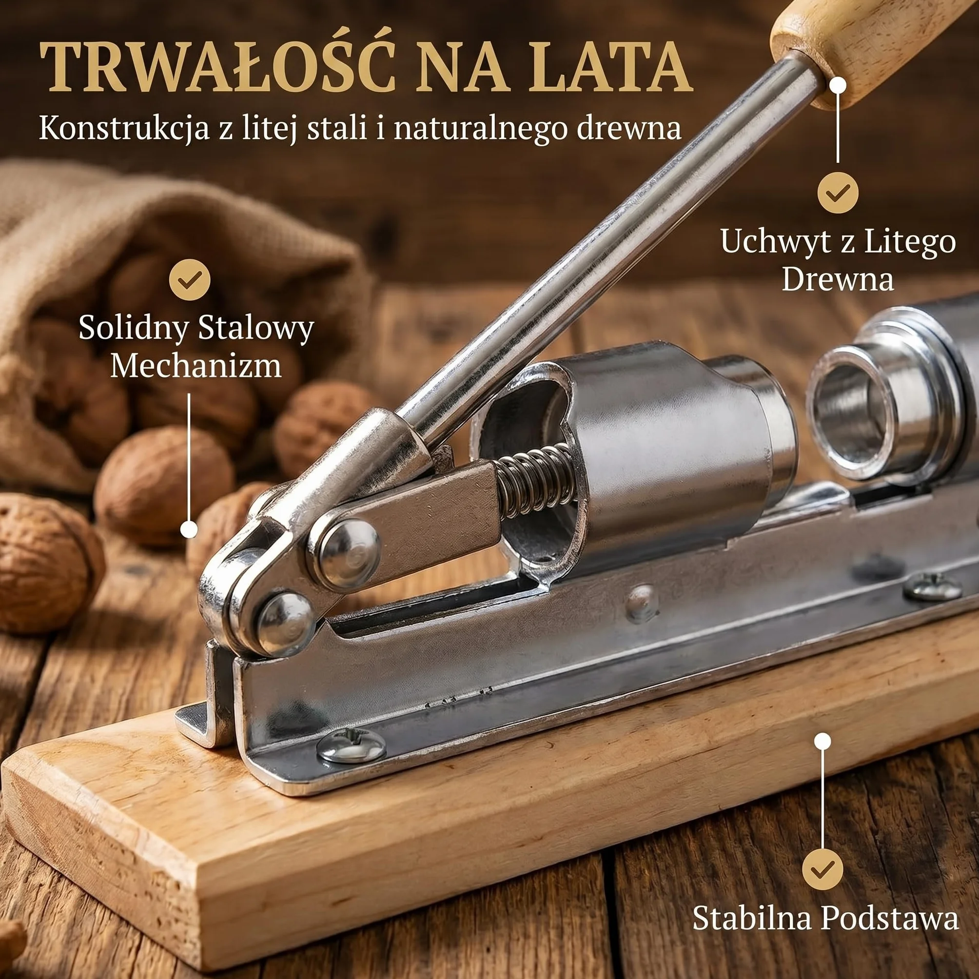 Dziadek do orzechów Retro w nostalgicznym wzornictwie Dziadek do orzechów ze stali nierdzewnej z funkcją dźwigni; regulacja wielkości i oszczędność energii przy otwieraniu orzechów