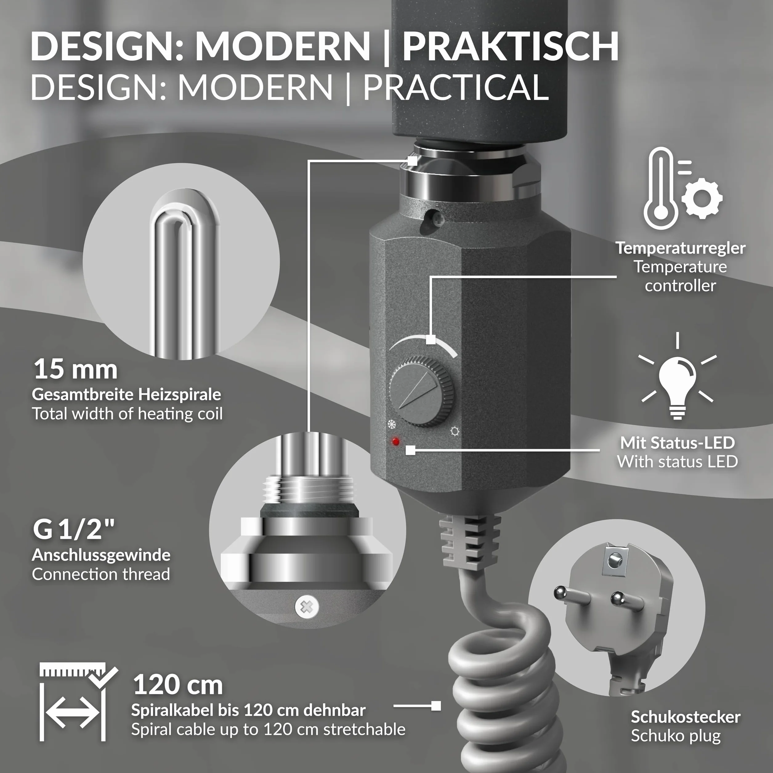 LuxeBath Element grzewczy 300W w kolorze grafitowym do grzejników lazienkowych wklad z termostatem elektroniczny regulator cieploty grzalka z wtyczka idealna do grzejników i suszarek na reczniki