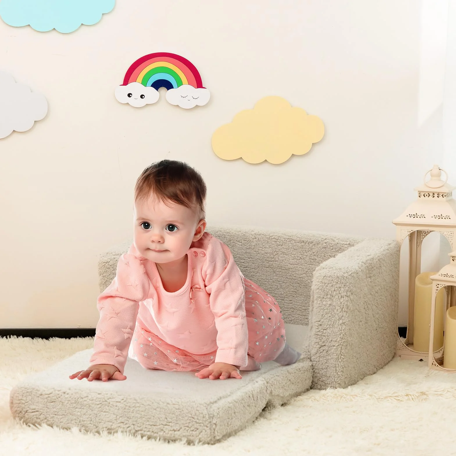 BEJOY Sofa dziecięca rozkładana 2 w 1, sofa z funkcją spania, fotel dziecięcy, Sherpa, rozkładana sofa do pokoju dziecięcego, na dzień dziecka i urodziny, dla dziewcząt i chłopców, jasnoszara