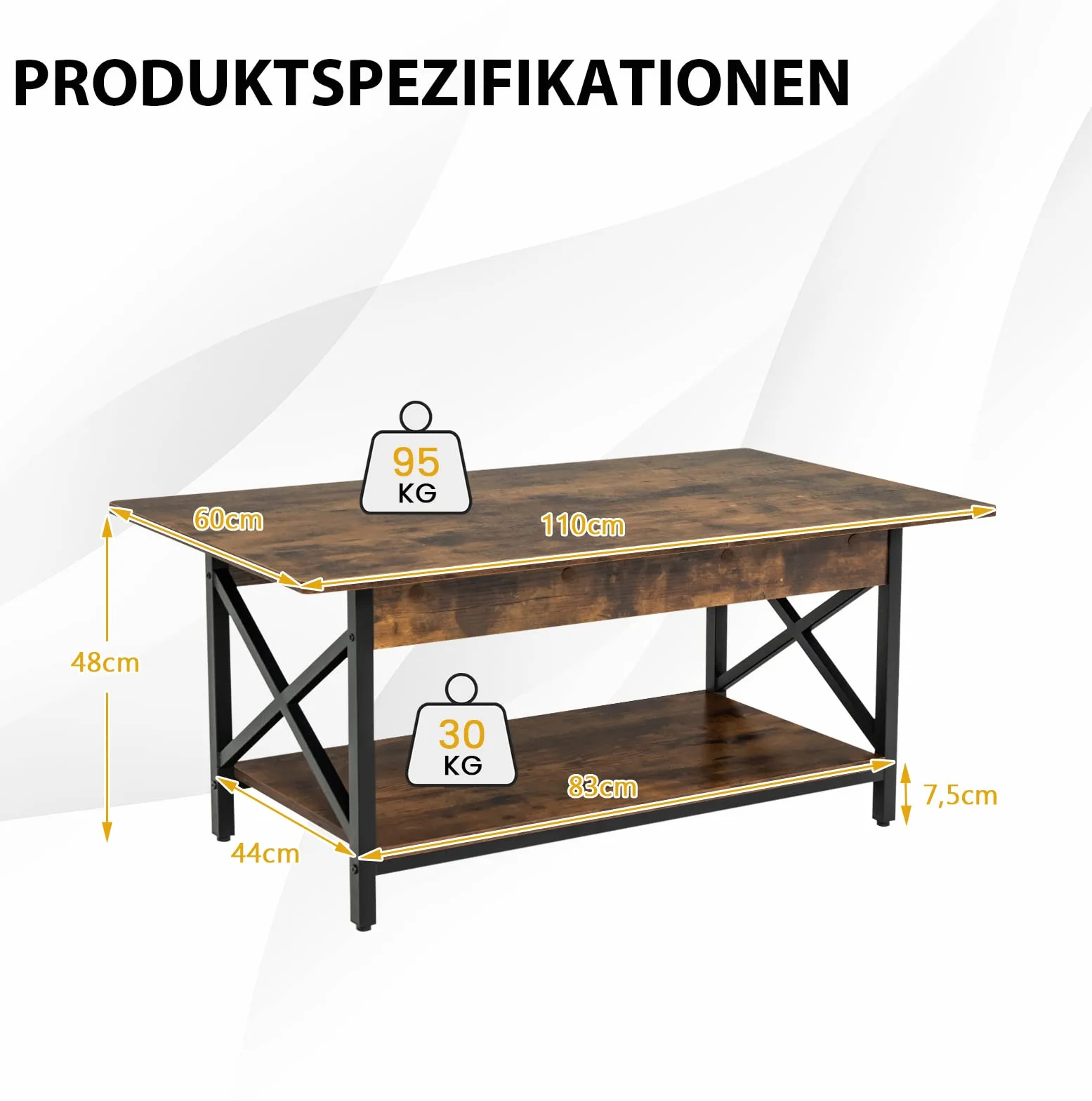 COSTWAY stolik kawowy, stolik z regałem, stół do salonu, stolik do sofy do salonu, wymiary: 110 x 60 x 48 cm (Rustykalny brąz)