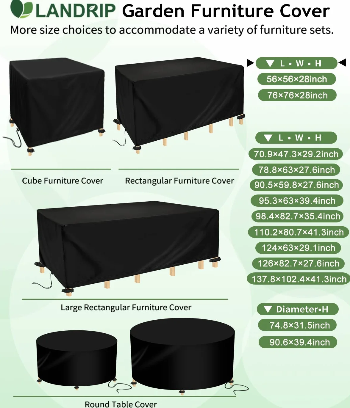 Landrip Pokrowiec na meble ogrodowe 250x210x90cm-Wodoodporny, Wytrzymały materiał Oxford 420D, Prostokątny obrus na stół ogrodowy, Wiatroszczelny, Ochrona mebli tarasowych