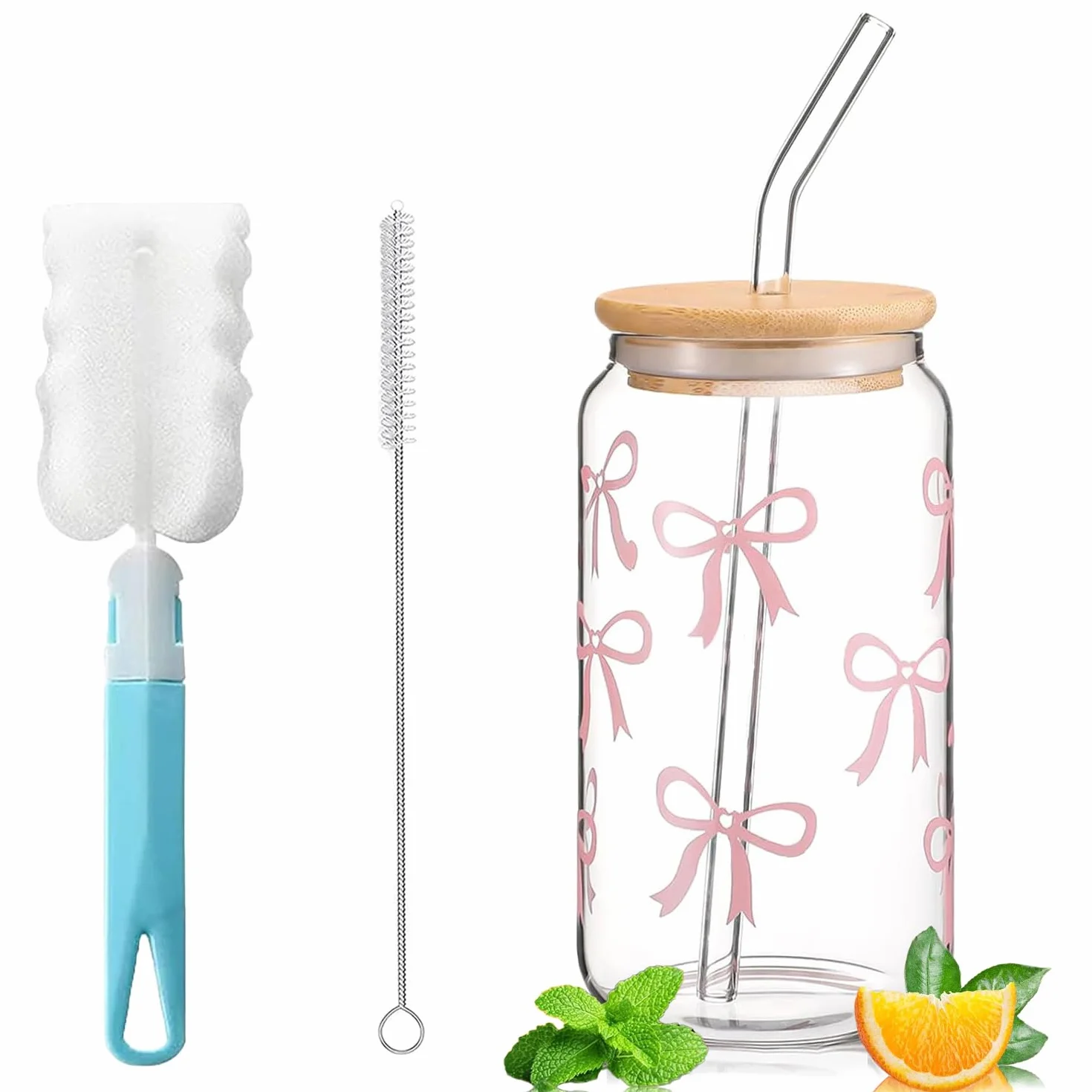 Szklanka do picia ze słomką i pokrywką 200 ml, szkło do matchy z motywem kokardki, kubek Bubble Tea