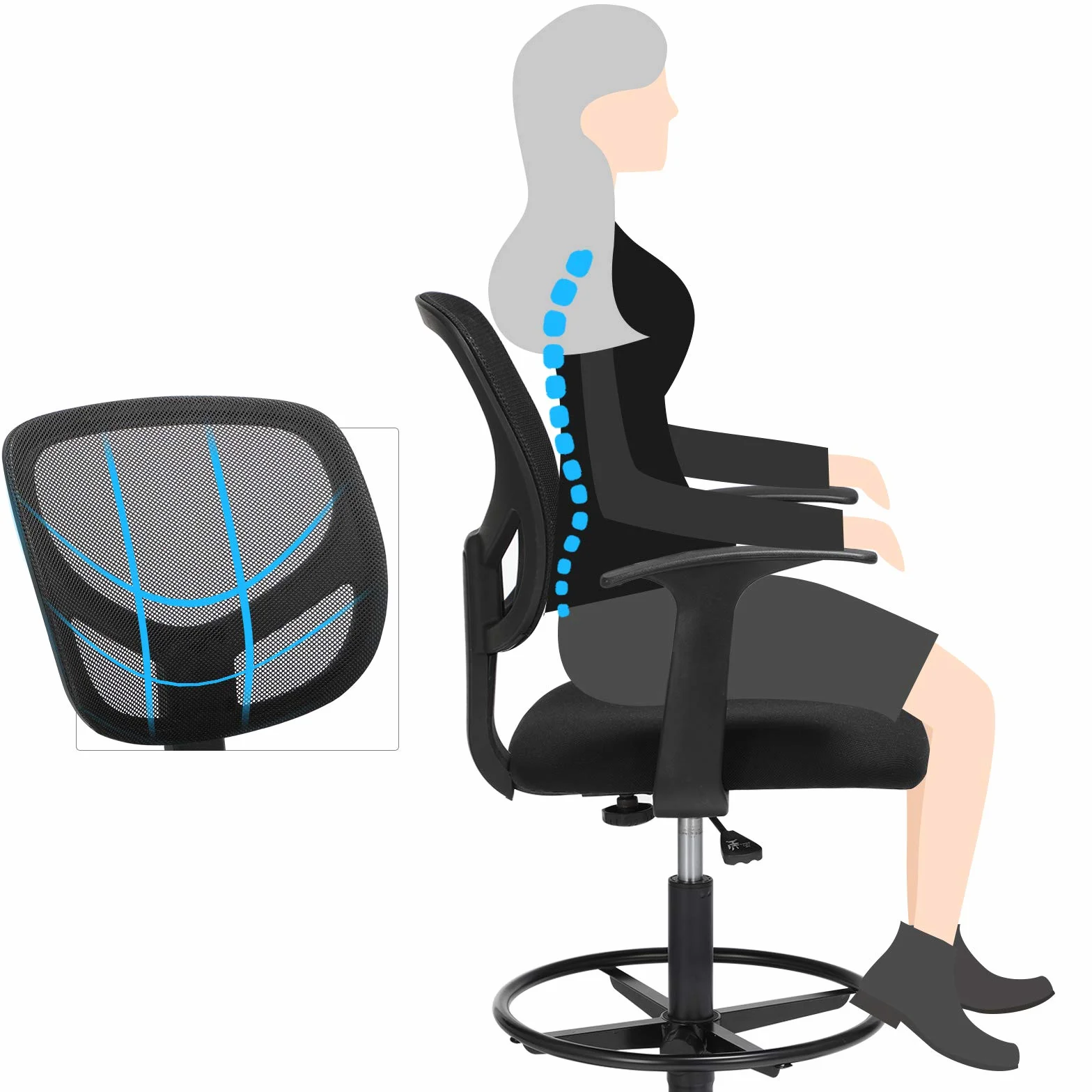 SONGMICS Krzesło biurowe, lniane siedzisko, ergonomiczne siedzisko, taboret, z podnóżkiem z regulacją wysokości, obracany o 360°, do biura stojącego, kolor czarny OBN25BK