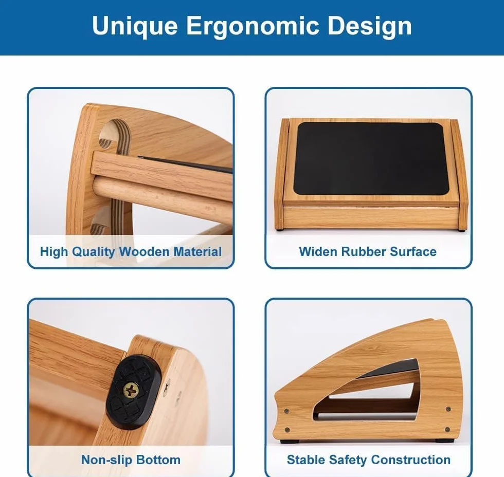 StrongTek Ergonomiczny podnóżek pod biurko, 3 regulowane wysokości, drewniany, duża powierzchnia antypoślizgowa, poprawia postawę i krążenie krwi, do 181 kg (naturalny)