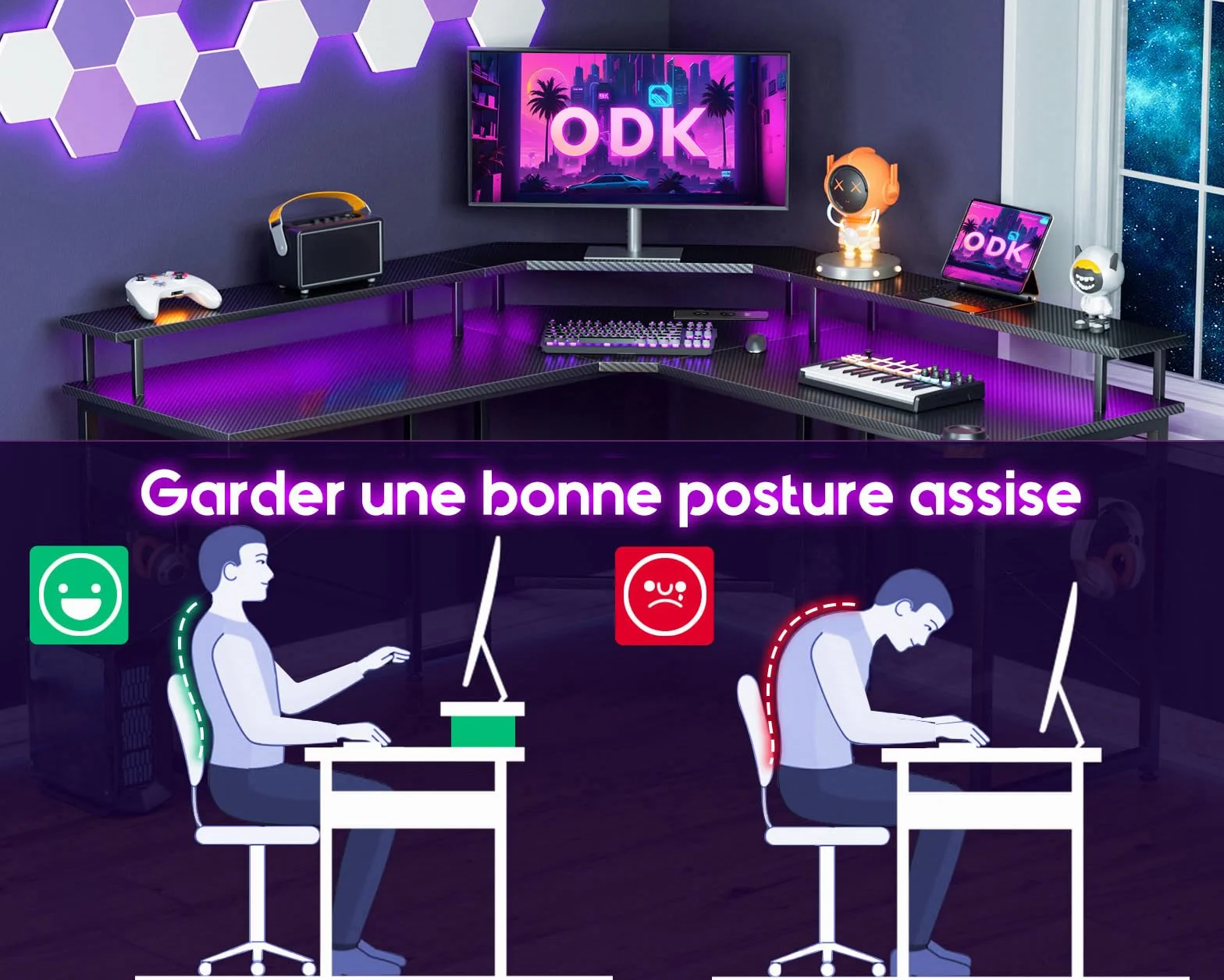 ODK Biurko gamingowy z diodami LED, biurko gamingowe z 2 gniazdami wtykowymi i 2 portami ładowania USB, stolik gamingowy z dużą półką na monitor, czarne włókno węglowe, 129 x 129 cm