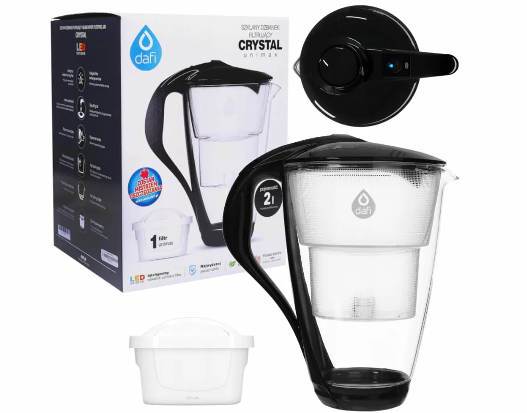DAFI Szklany dzbanek filtrujący CRYSTAL LED 2 l Czarny - System filtrowania wody redukujący kamień i chlor, bez BPA, czujnik LED + filtr wody Unimax