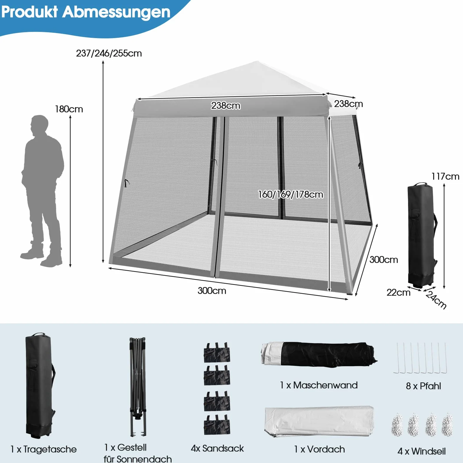 COSTWAY NP10301GRDE Pawilon składany 3 x 3 m z moskitierą i workami na piasek, ochrona przed promieniowaniem UV 50 +, namiot ogrodowy, namiot imprezowy, stabilny, pawilon ogrodowy do ogrodu, w zestawie torba zwijana (szary)