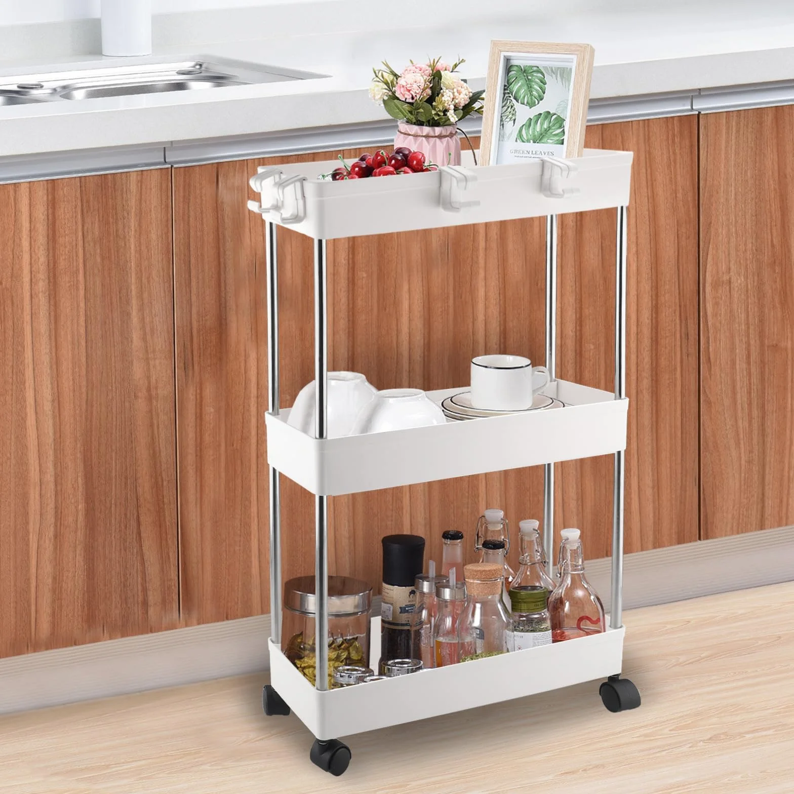 Wózek z 3 poziomami, metalowy wózek kuchenny, wózek do przechowywania, regał kuchenny z obrotowymi kółkami o 360°, do łazienki, kuchni, biura, salonu