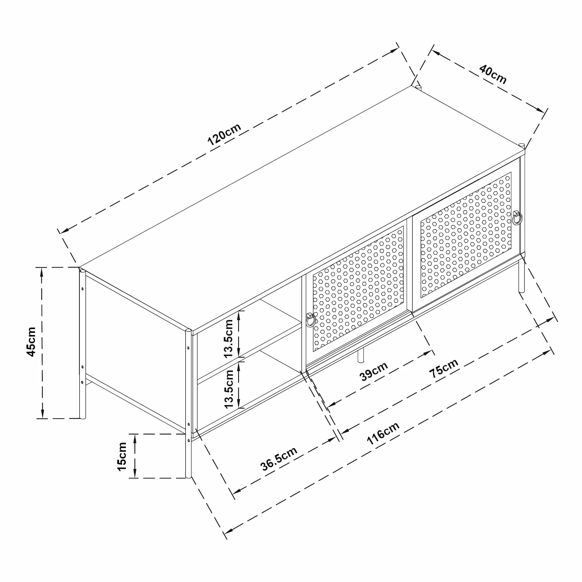 [en.casa] Szafka TV Tysnes Lowboard z 2 przesuwnymi drzwiami, stolik pod telewizor z otworami na kable, szafka TV, 120 x 40 x 45 cm, metalowa konstrukcja, dąb/czarny