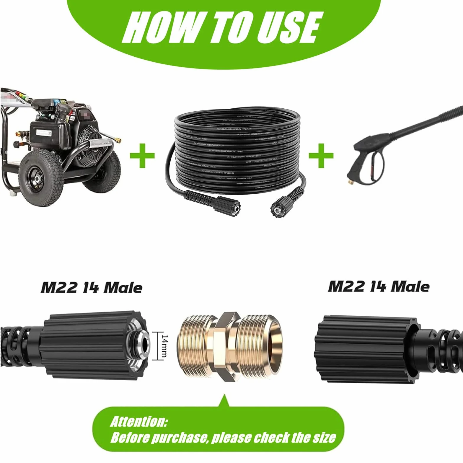 StoneBanks Wymienny wąż do myjki wysokociśnieniowej 10 m, podwójny M22-14 mm, złącze z gwintem żeńskim M22, 14 mm + adapter 15 mm, 2610PSI, wąż przedłużający do mycia strumieniowego, kompatybilny ze