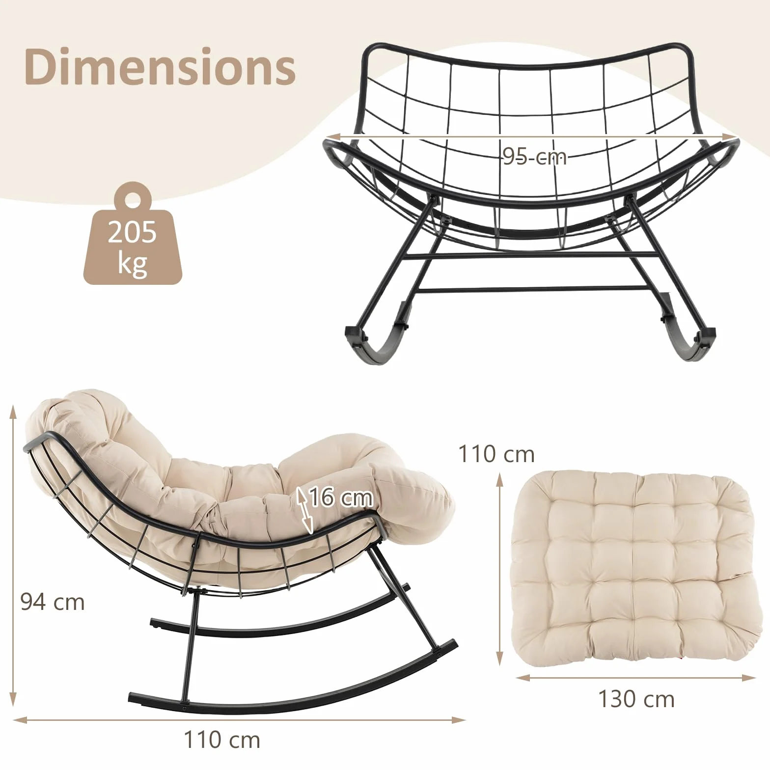 GIANTEX Duży fotel bujany, papasan w kształcie jajka z grubą poduszką, fotel bujany do wnętrz i na zewnątrz, obciążenie 205 kg, do ogrodu, na taras, szary, beżowy