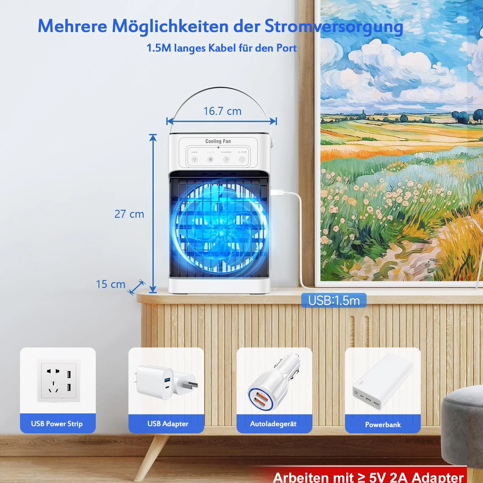 Przenośna klimatyzacja 1100 ml, 3 prędkości, 7 LED, 10W, chłodnica powietrza do sypialni
