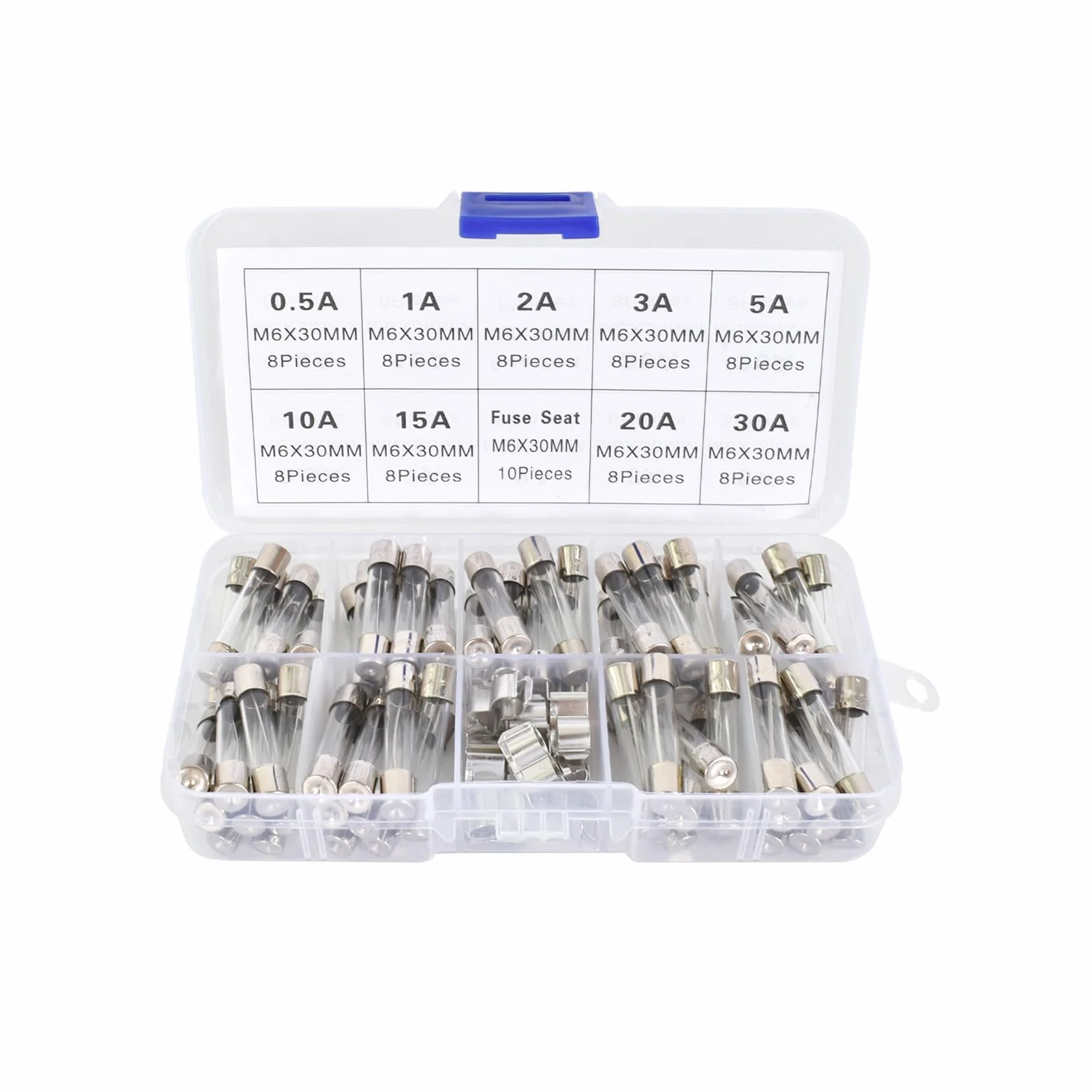 72PCS 9 wartości 6X30mm zestaw bezpieczników szkło szybkie topnienie 250 V 0.5A 1A 2A 3A 5A 10A 15A 20A 30A, z 10 szt. bezpiecznik klip, pakiet w przezroczystym plastikowym pudełku