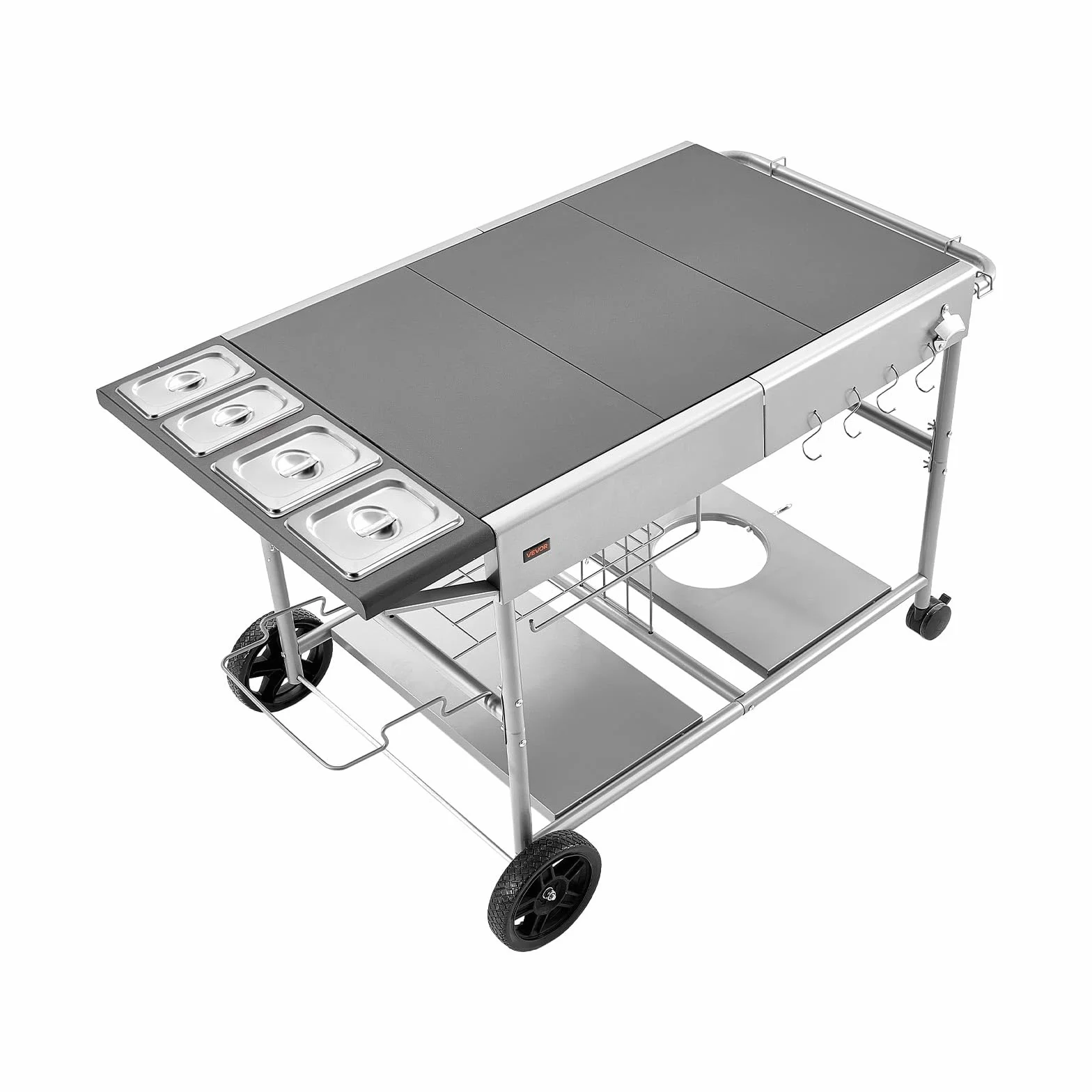 VEVOR Wózek do grillowania na zewnątrz, 925 x 595 x 25 mm (rozmiar blatu stołu), zwijany stół do grillowania z 4 pojemnikami na przyprawy, kółkami, pokrywkami i haczykami, wózek do serwowania na