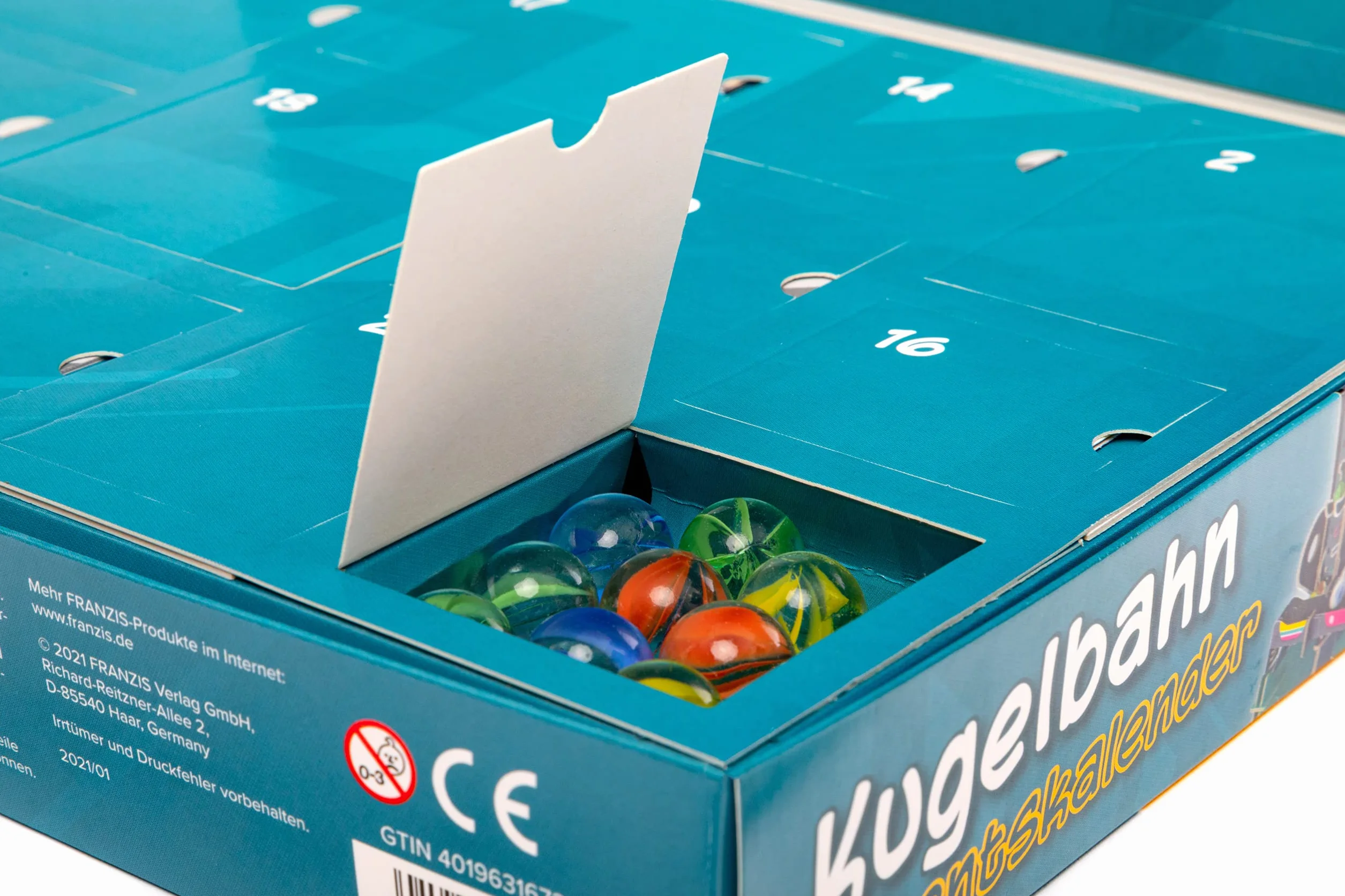 Franzis 67300 Kalendarz adwentowy Marble Run, 24 dni do własnego marmurowego biegu, zestaw do rękodzieła z tektury, bez plastiku, zalecany od 8 lat