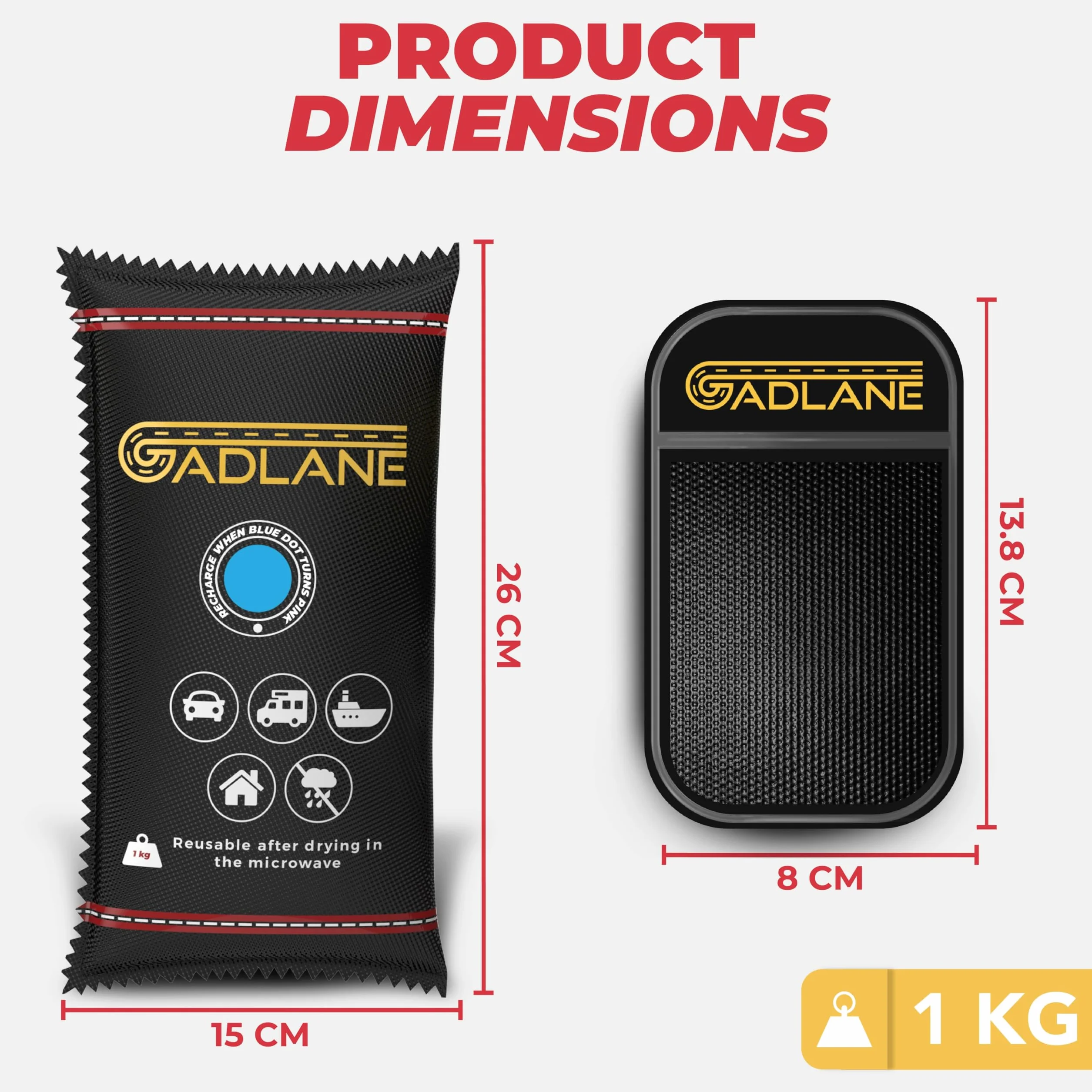 GADLANE Osuszacz samochodowy wielokrotnego użytku 1 kg, 2 sztuki, pochłaniacz wilgoci antypoślizgowa mata