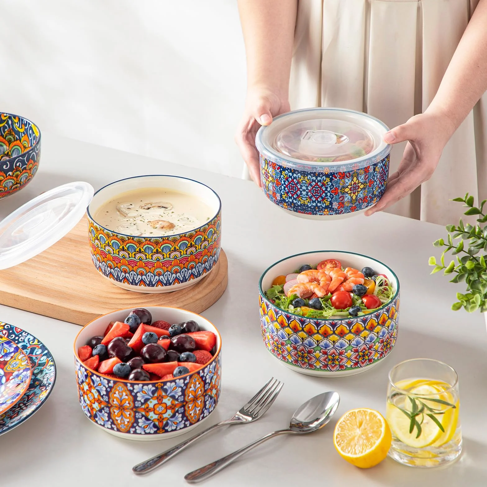 Vancasso Ceramiczne miski z pokrywkami zestaw 4 sztuk pojemniki do przechowywania żywności
