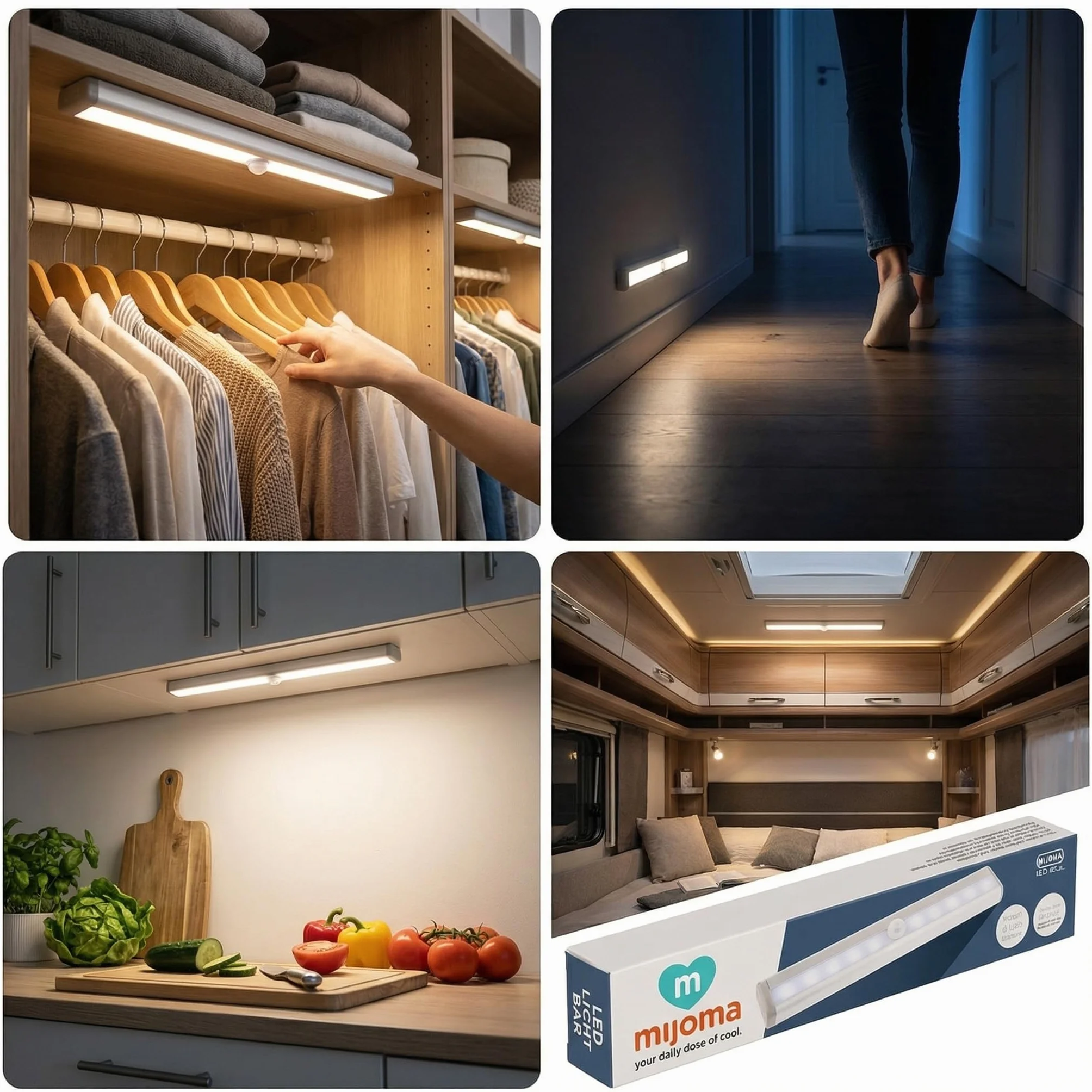 MIJOMA Listwa świetlna LED z czujnikiem ruchu i światła – bezprzewodowa, zasilana bateriami, samoprzylepna, 19 cm – lampka nocna do korytarza, szafy na ubrania, kuchni, piwnicy