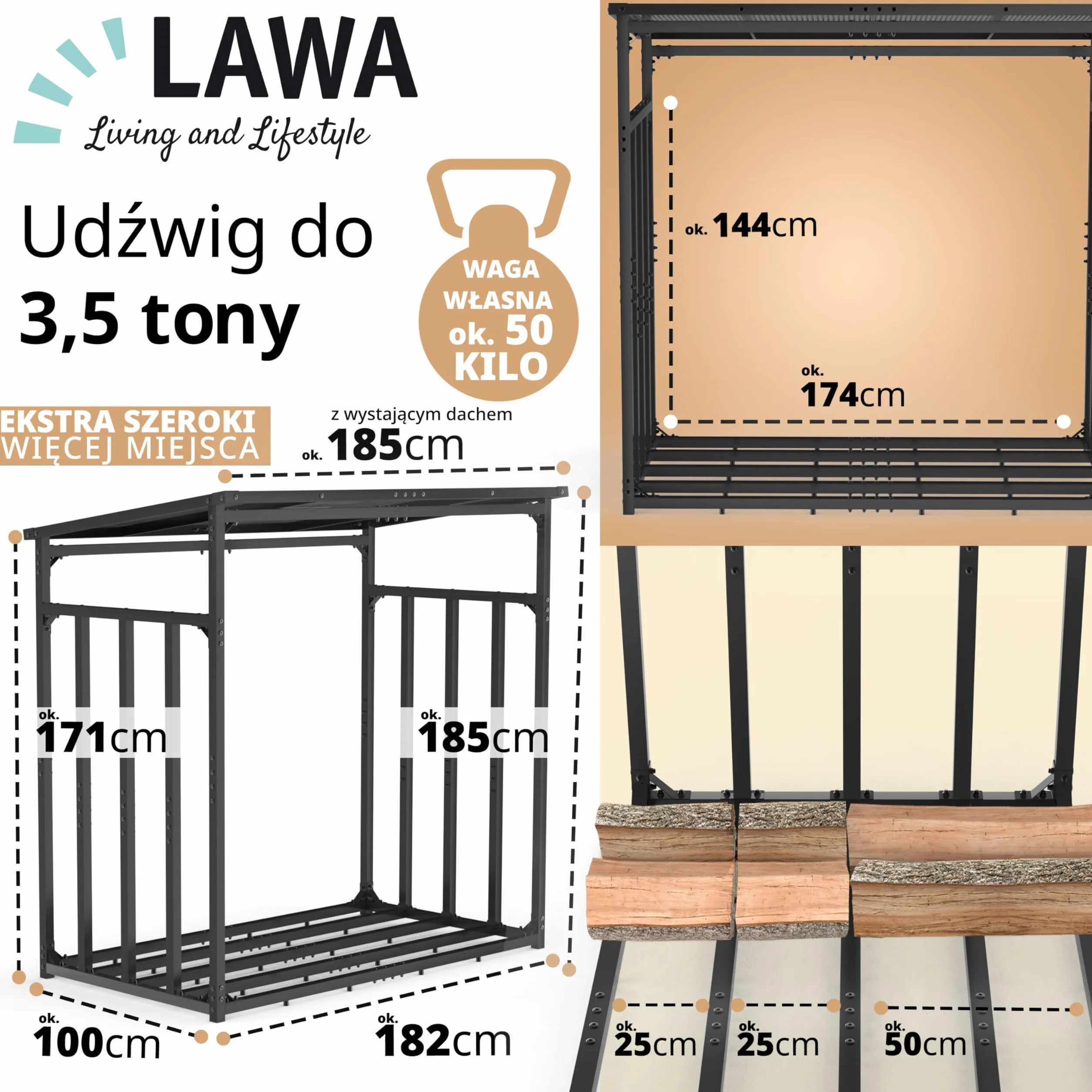 Metalowy regał na drewno opałowe, wymiary zewnętrzne 185 x 105 x 185 cm, ocynkowany 4 x 4 cm, przekrój 3,5 t, z dachem, stabilny drewniany stojak na drewno opałowe, regał