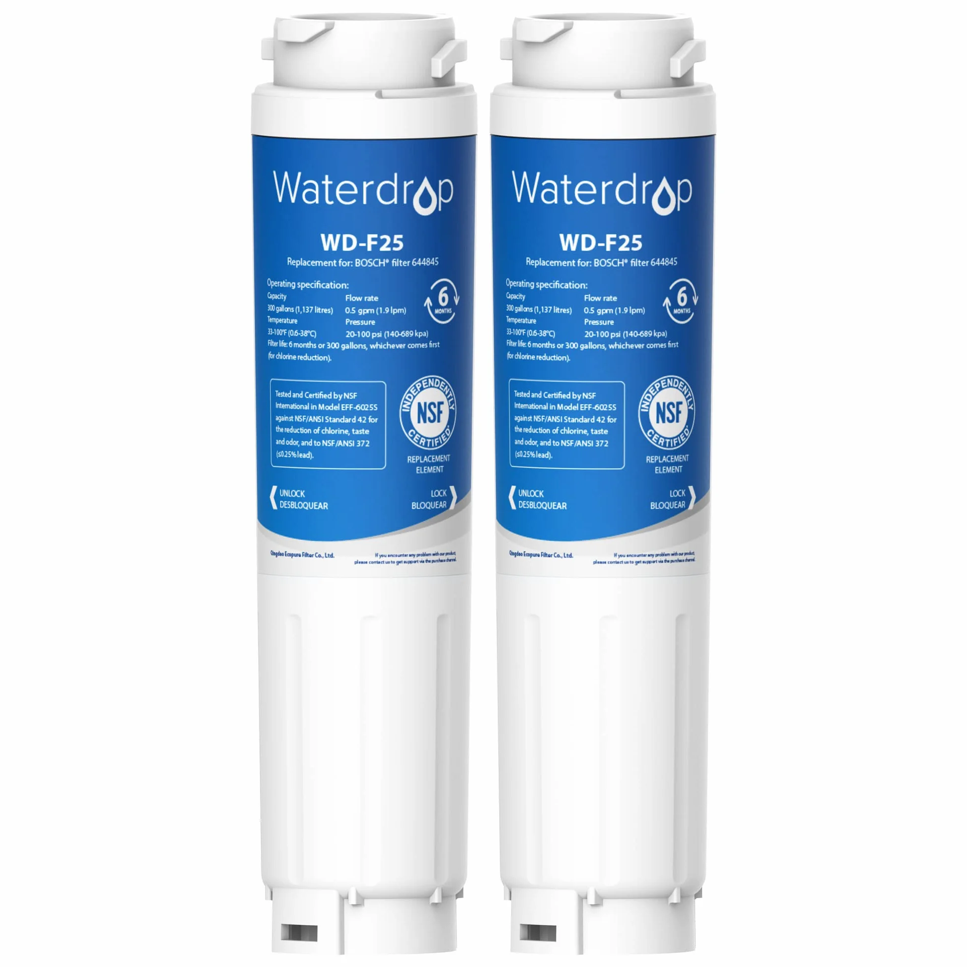 2X Waterdrop 644845 Filtr do Wody do Lodówki, Kompatybilny z Bosch Ultra Clarity 644845, Siemens Neff Miele 740560 00740560 9000194412 REPLFLTR10; 0060820860 0060218743; Wkład Bypass (2)