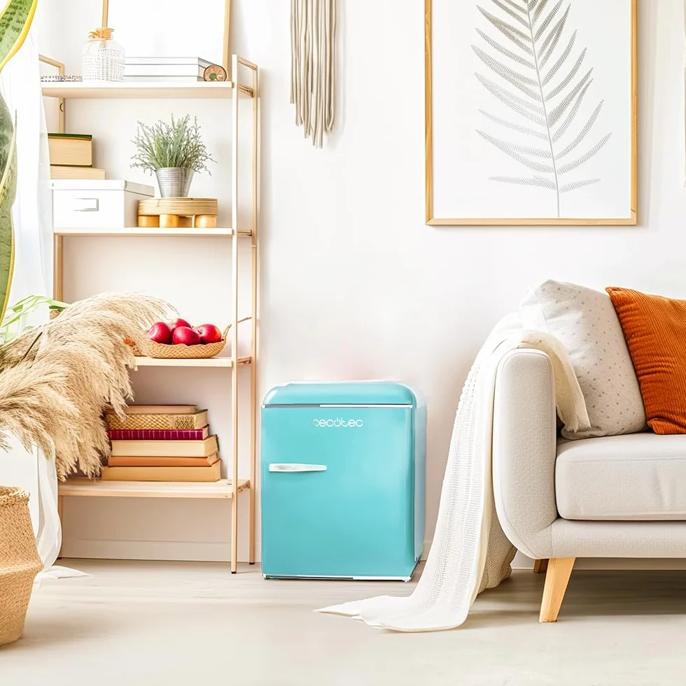 Cecotec Mini lodówka - lodówka retro 45 l Bolero CoolMarket TT Origin 45 Blue. 55 cm wysokości i szerokości 44,7 cm, klasa energetyczna E, lodówka lodówka i chromowany uchwyt, niebieski