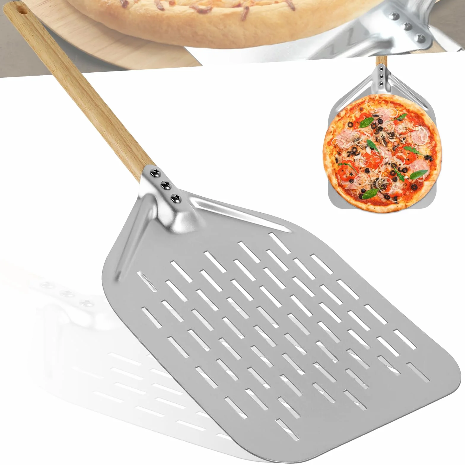 HOMURY Perforowana łopatka do pizzy, perforowana, 30 cm, perforowana łopatka do pizzy ze zdejmowanym uchwytem, perforowana z twardego anodowanego aluminium, do domowej pizzy, chleba