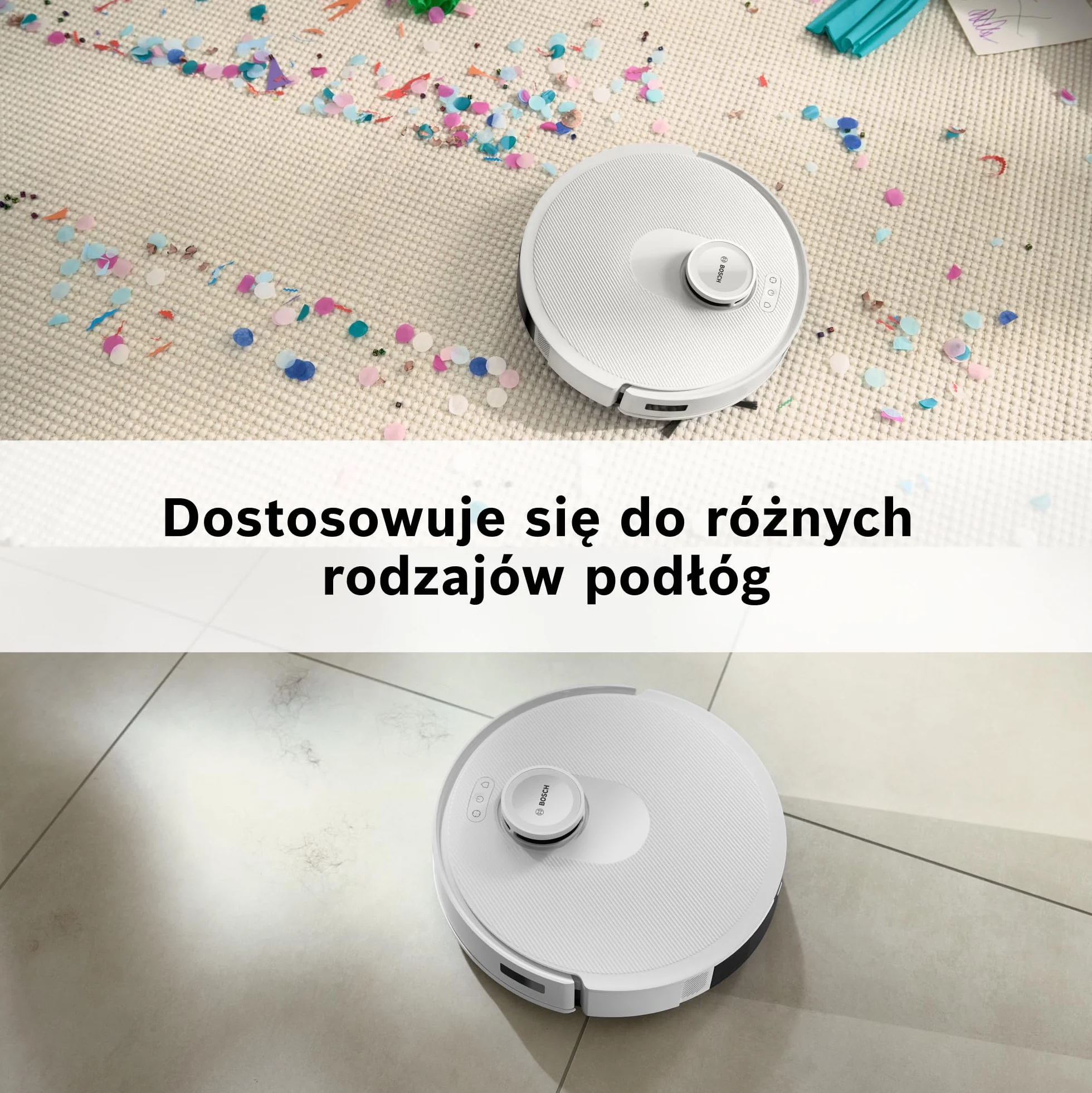 Bosch Spotless+ Robot sprzątający z funkcją mopowania, moc ssania 11 000 Pa, statyczna nakładka mopującą, stacja czyszczącą, nawigacją Smart Vision, aplikacja Bosch Home Connect, BCRD1W, biały