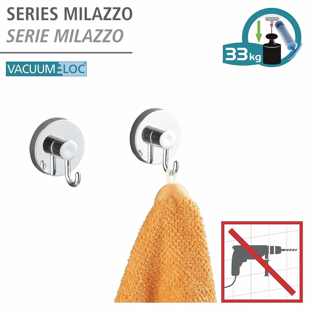 Wenko Vacuum-Loc Wieszaki Haczyki Ścienne Srebrny 2 Sztuki