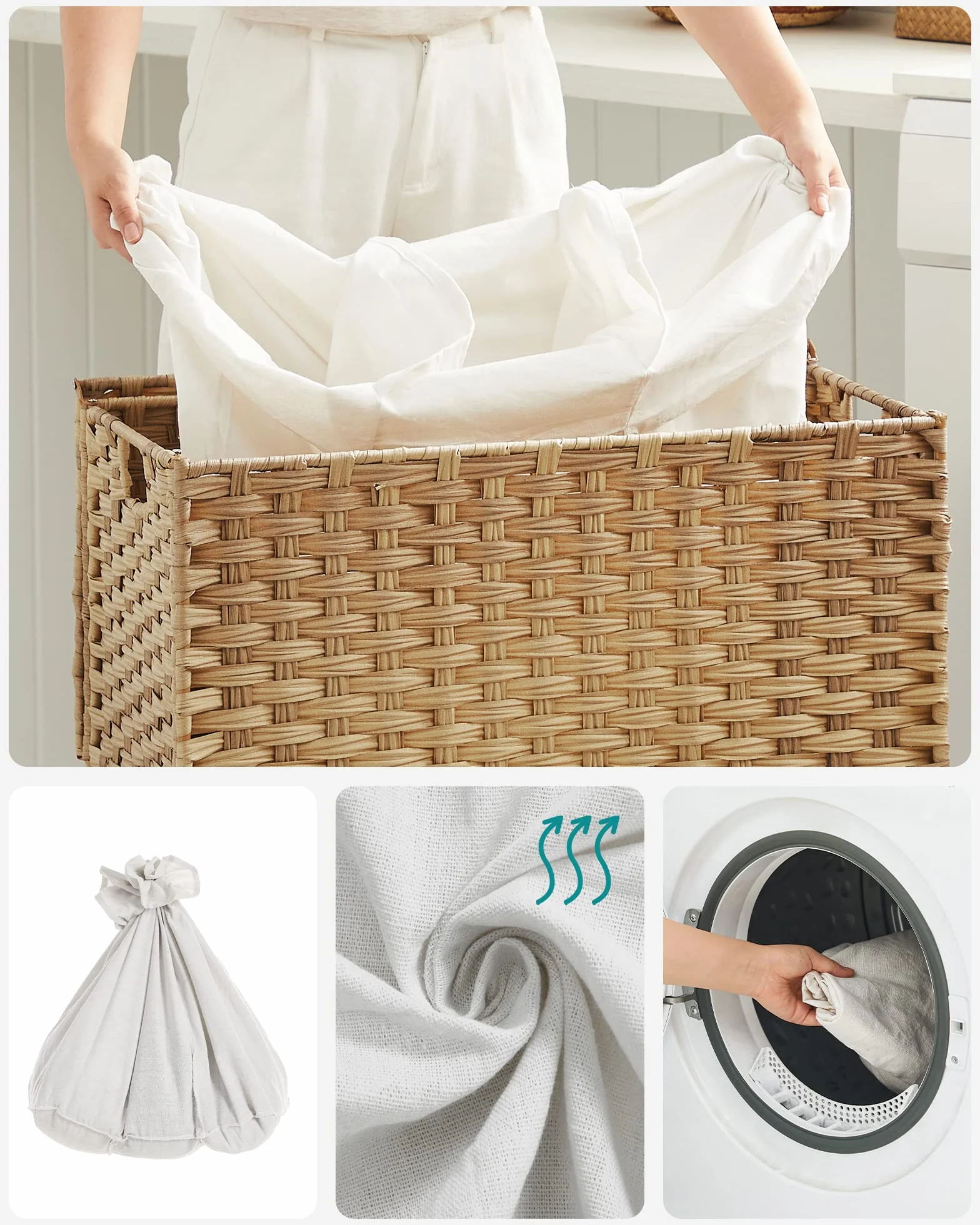 SONGMICS Ręcznie tkany kosz na bieliznę, 140 l, imitacja rattanu, 3 części, zdejmowana torba, pokrywa, uchwyty, łatwy montaż, salon, łazienka, 66 x 33 x 60 cm, kolor drewna LCB363N01