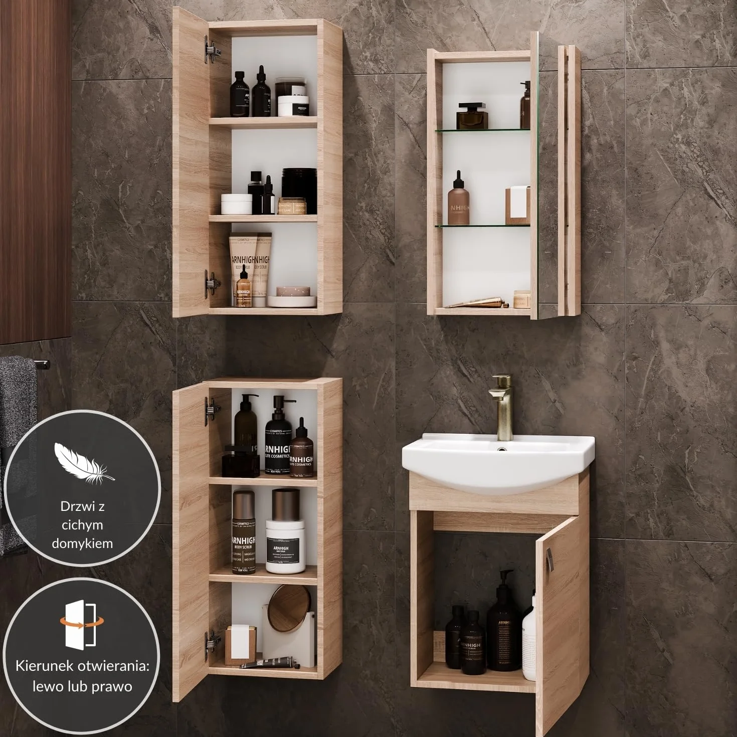 Planetmöbel Zestaw mebli łazienkowych umywalka z mebel podumywalkową 45 x 60 x 33 cm z szafką z lustrem 40 cm, 2X szafki midi do łazienki i WC dla gości, dąb sonoma